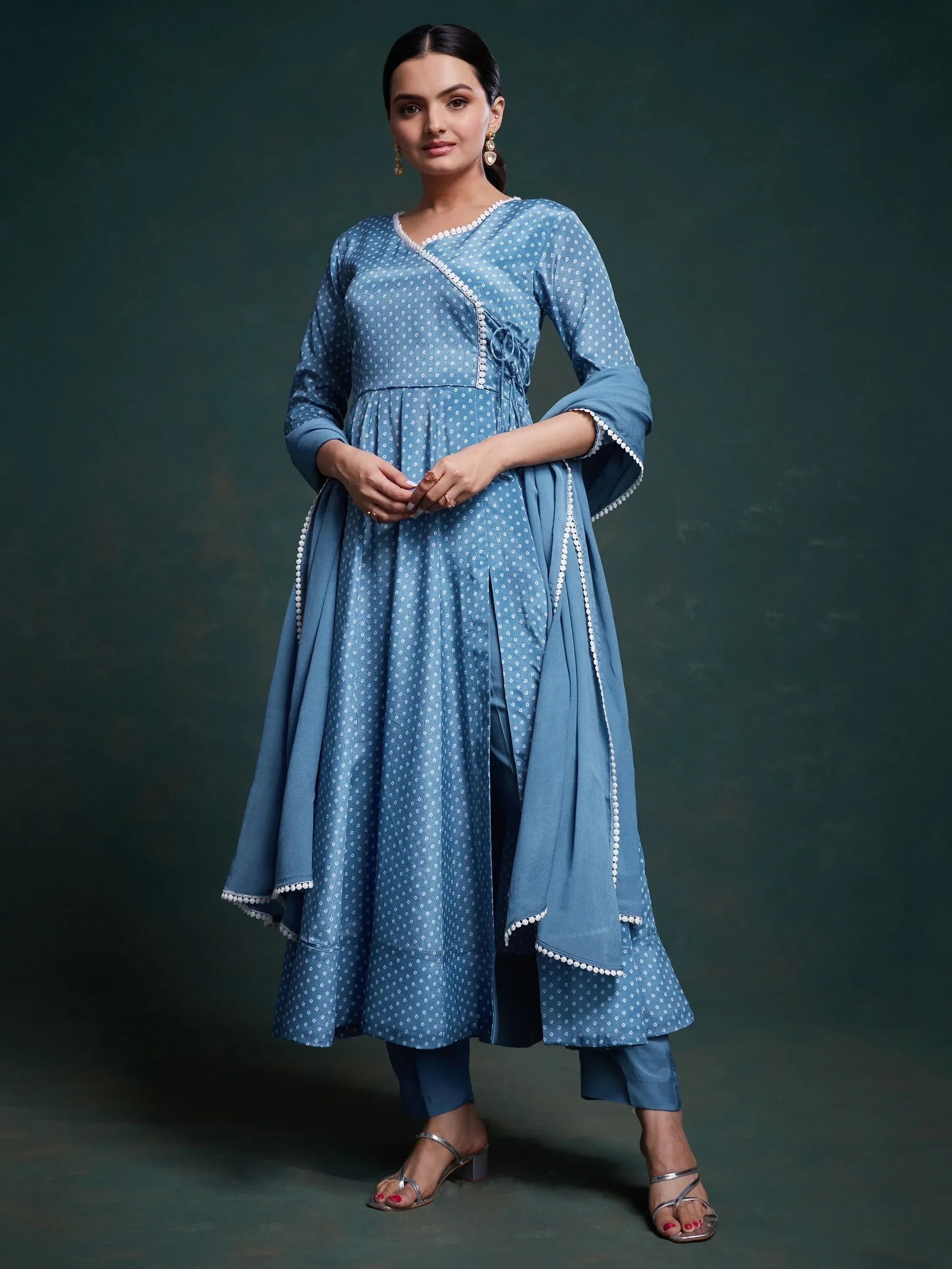 Woman wearing blue printed salwar kameez with dupatta, ethnic party wear outfit