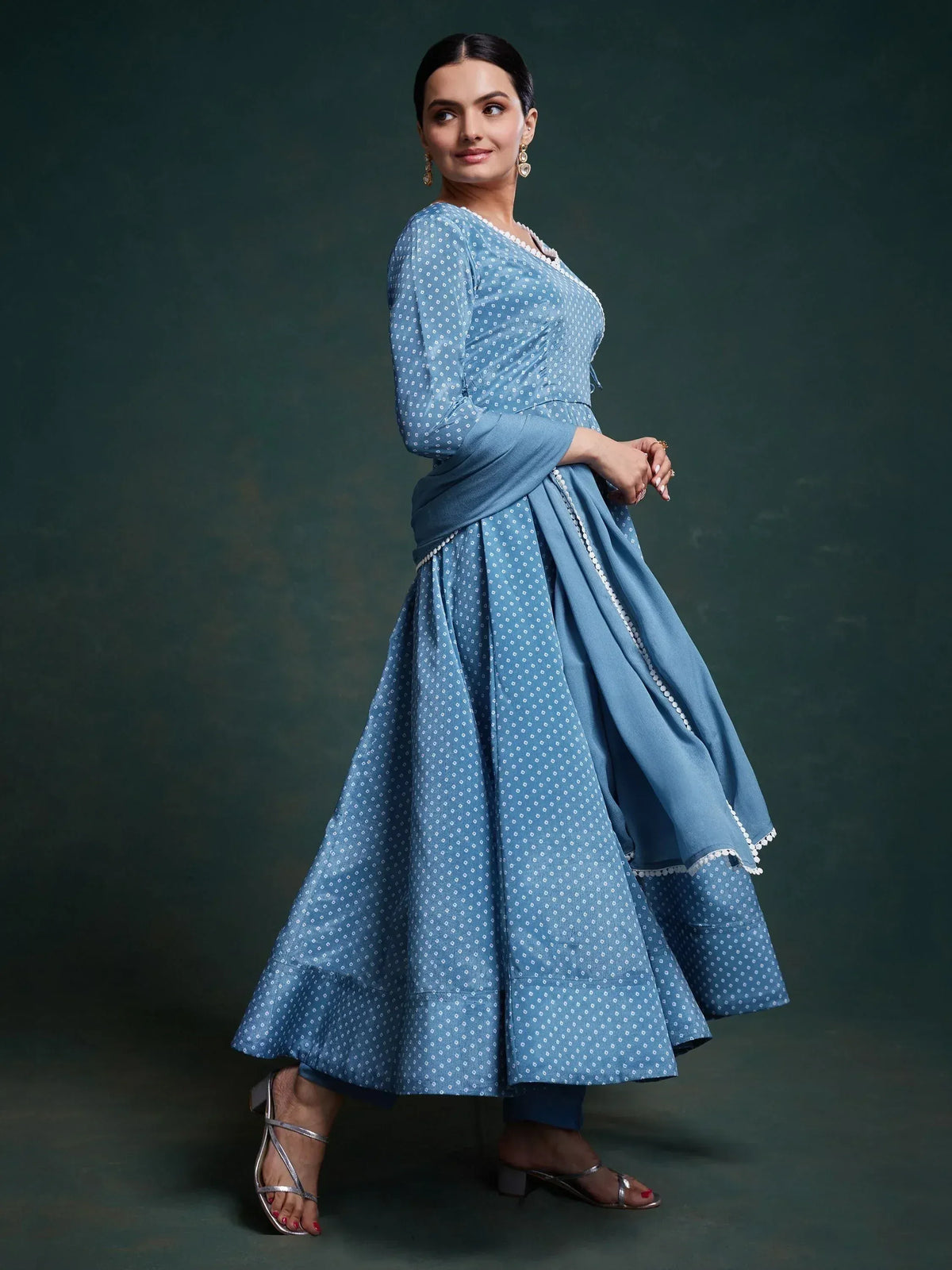 Blue printed anarkali suit with white dot pattern and scalloped dupatta, ethnic Indian wear