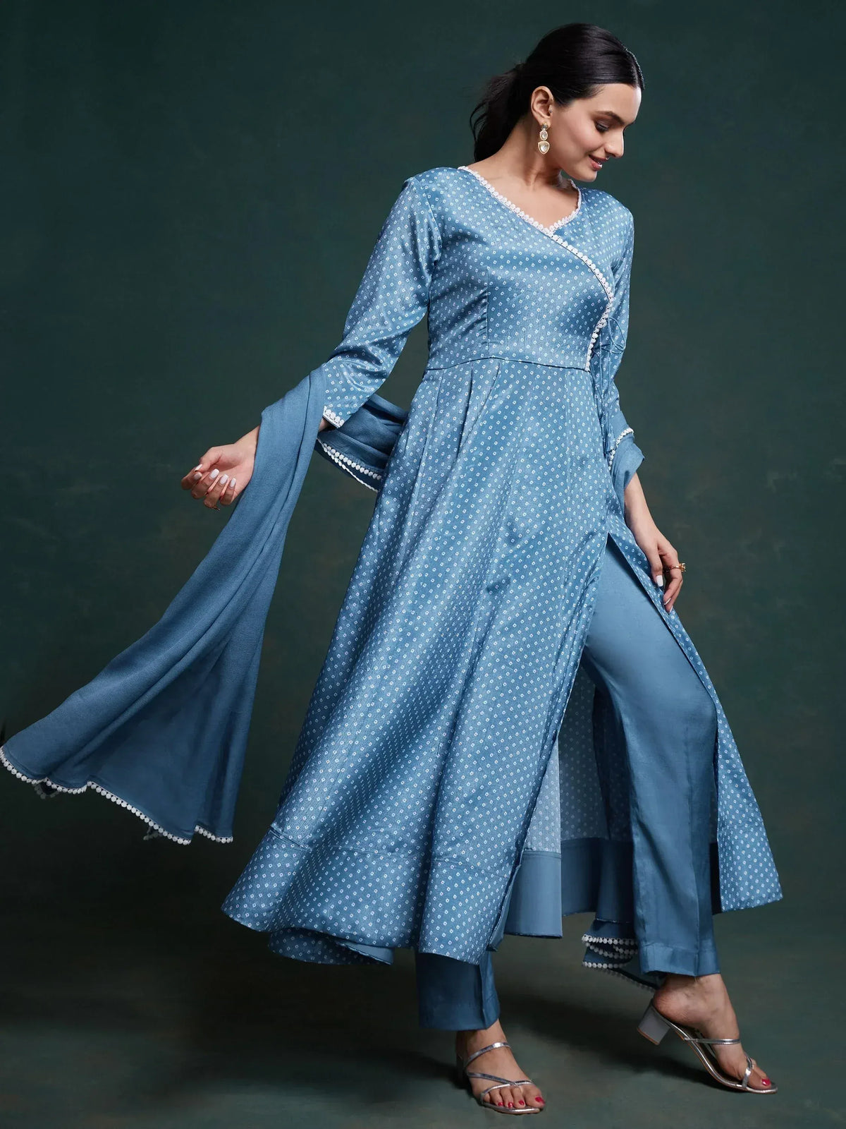 Blue printed ethnic anarkali suit with flared sleeves and palazzo pants for women
