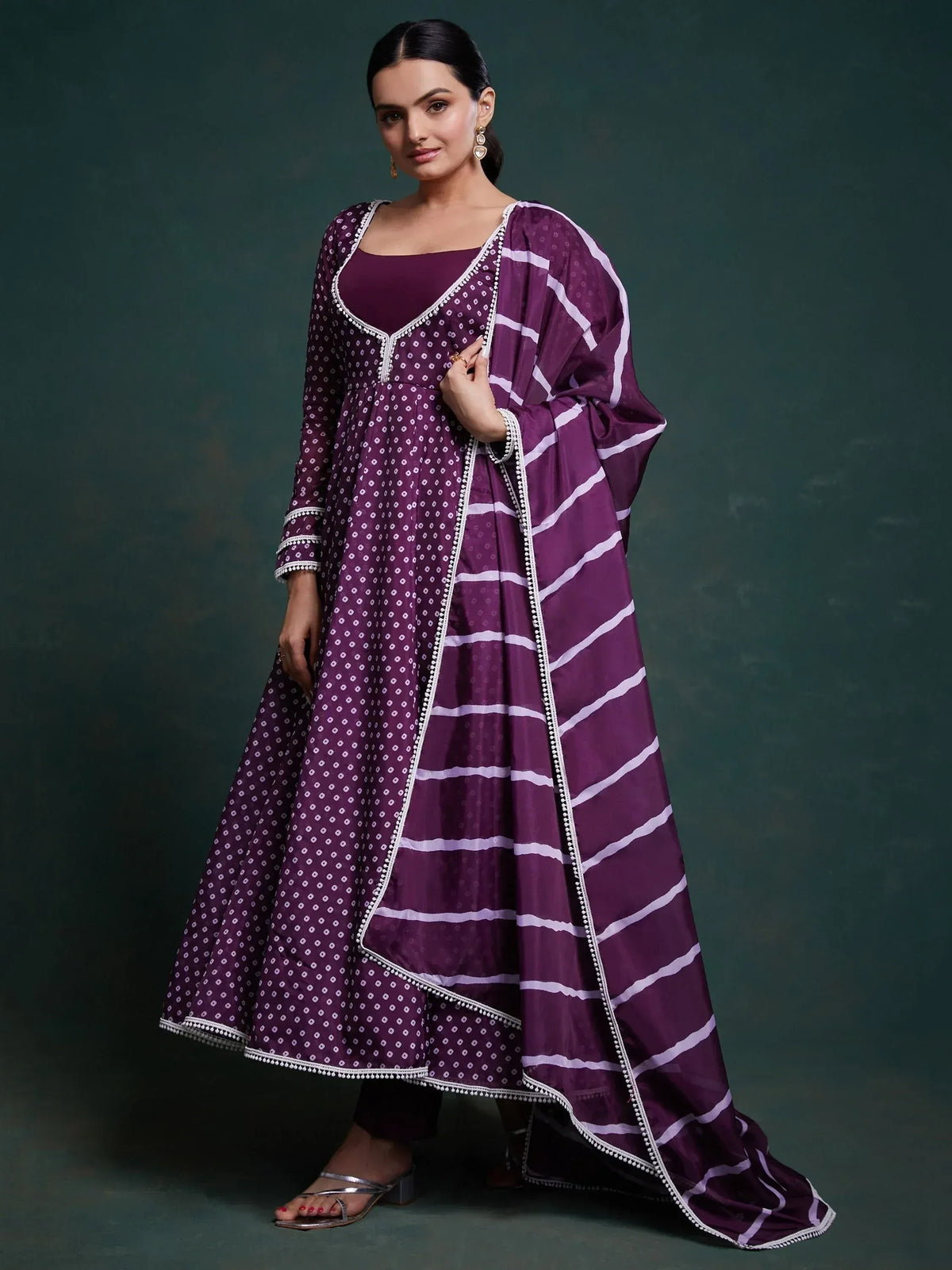 Purple ethnic anarkali suit with white stripes and dot print, perfect for Indian occasions