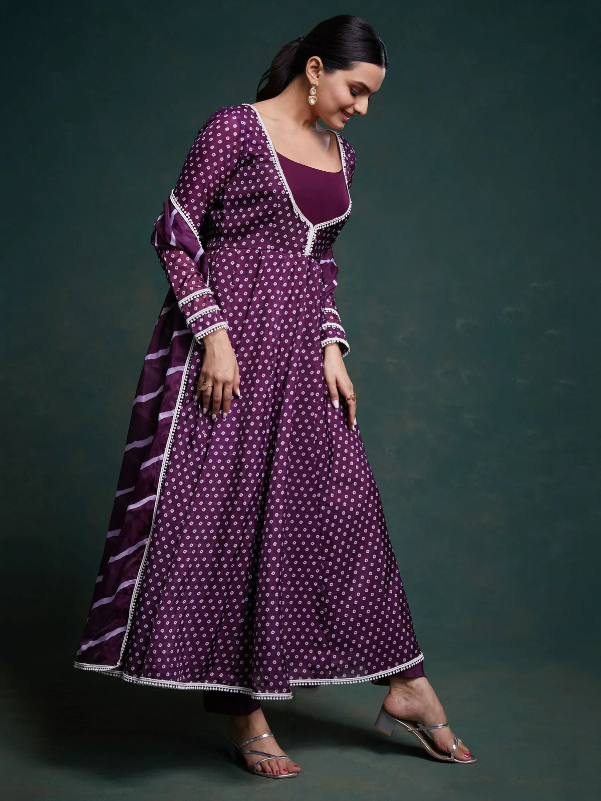 Purple printed Anarkali gown with white pom trim, ethnic wear for women
