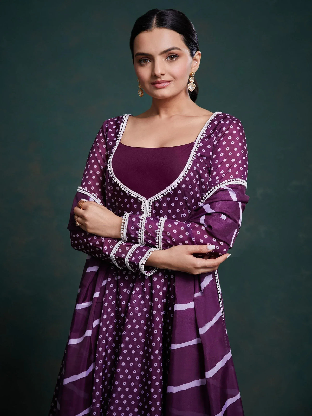 Purple printed ethnic anarkali with white embroidery, perfect for Indian occasions and festive wear.
