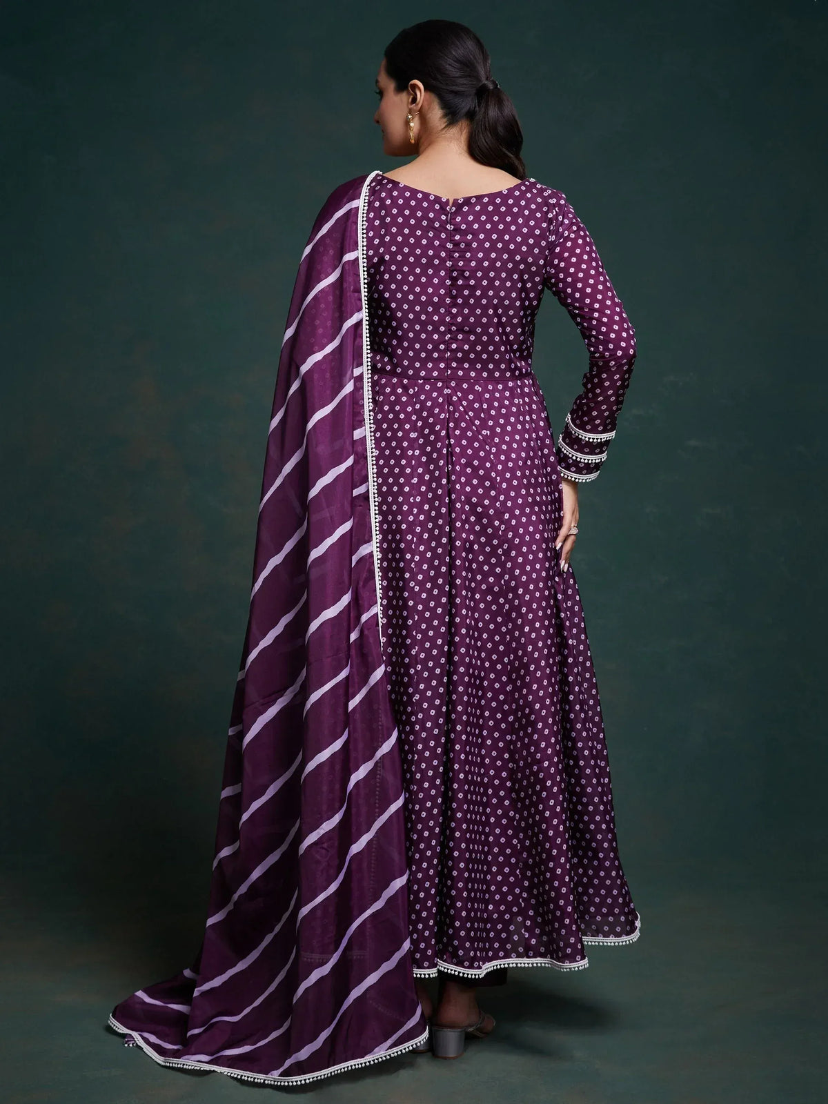 Purple printed anarkali with striped dupatta, ethnic Indian wear for women