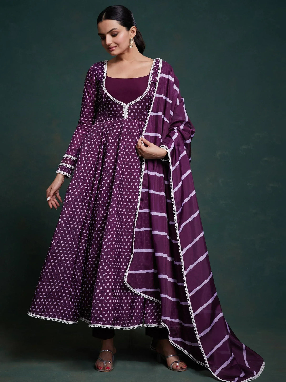 Purple printed anarkali with striped dupatta, ethnic Indian wear for women