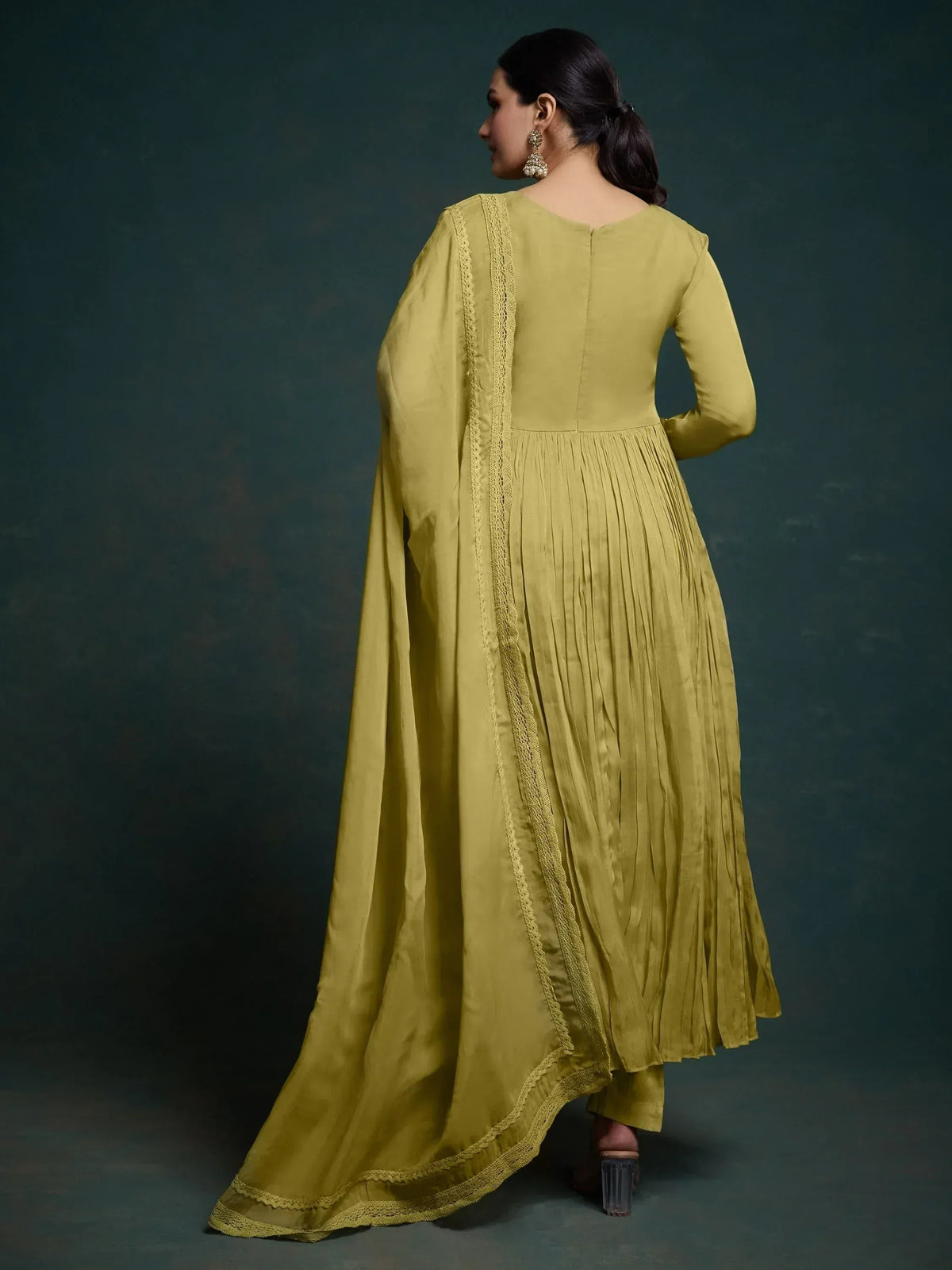 Olive green ethnic anarkali gown with lace detailing, pleated skirt, and cape sleeves for women