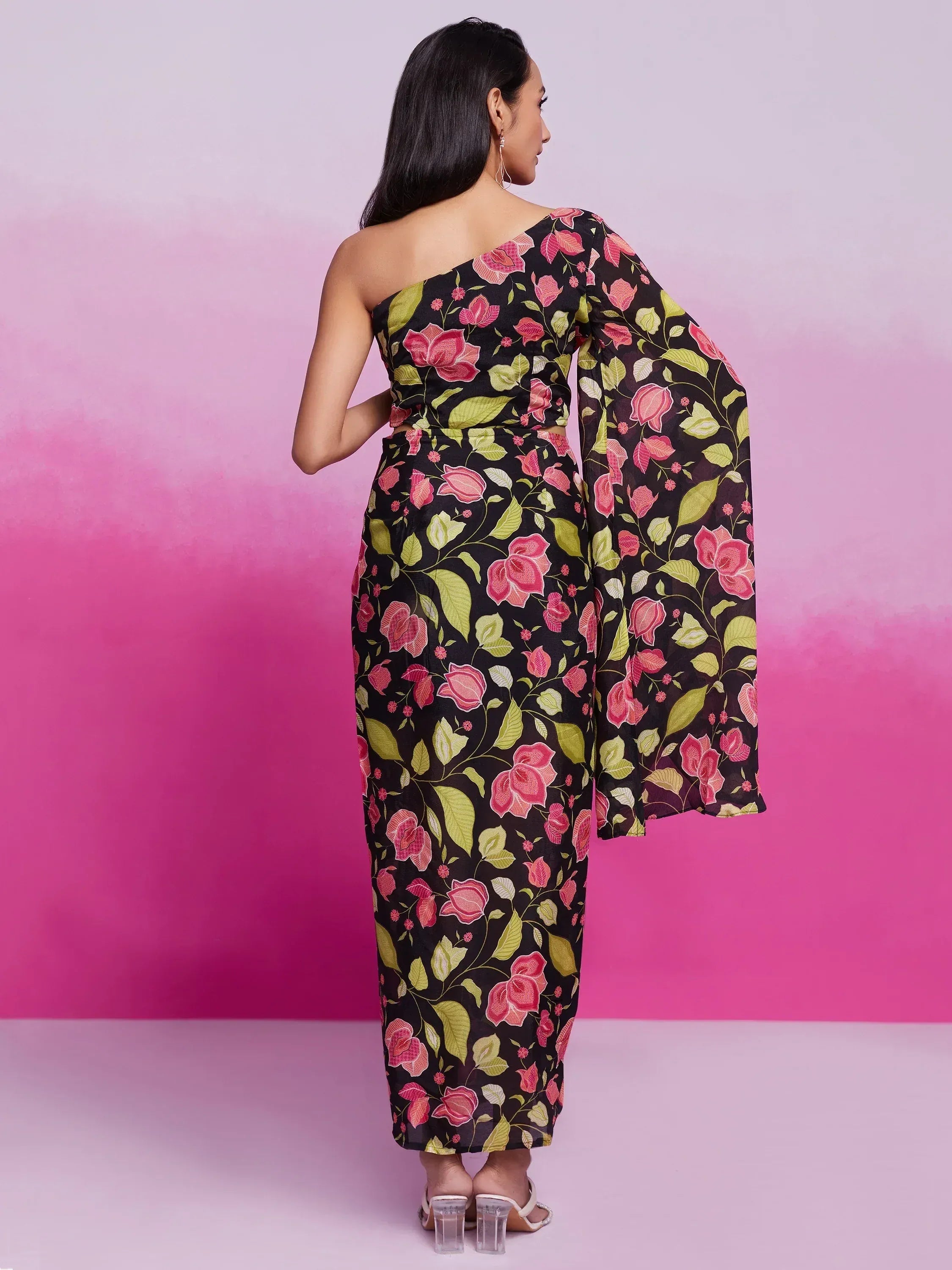 Black floral one-shoulder ethnic gown with bell sleeves, perfect for Indian occasions