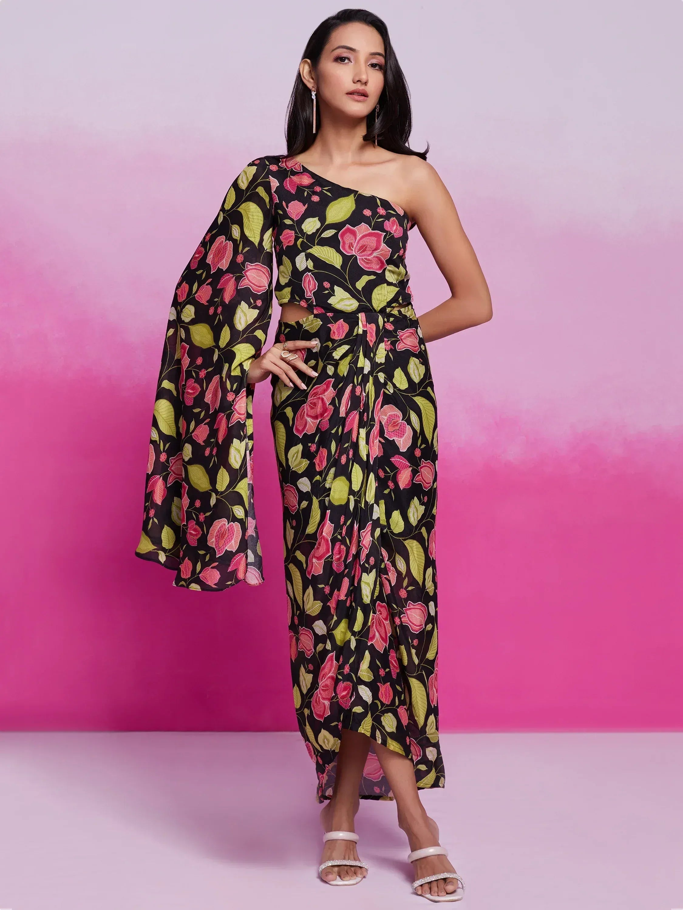 Floral print ethnic gown with one-shoulder design and flared sleeve, perfect for Indian occasions