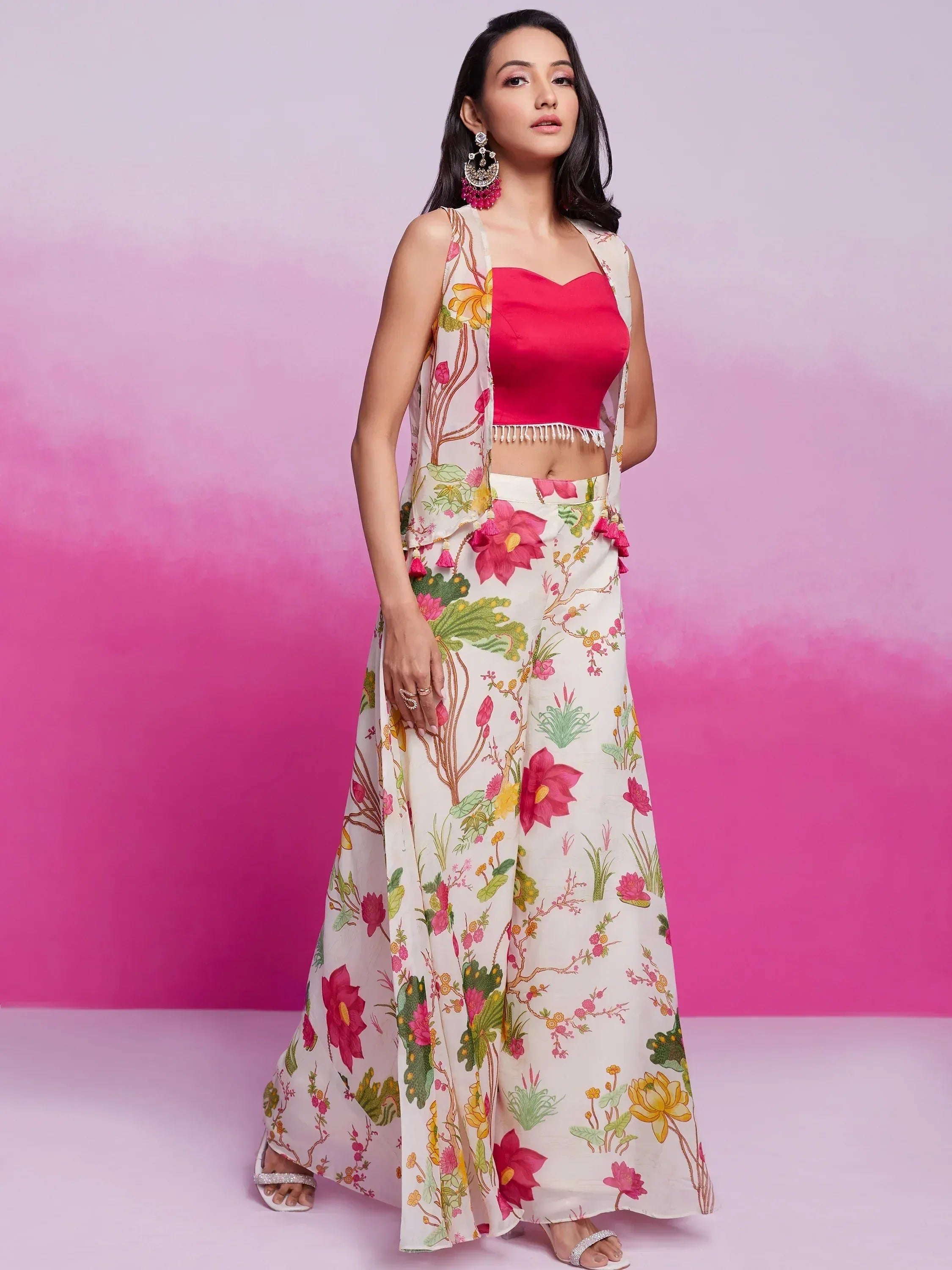 Floral printed ethnic palazzo set with pink crop top and dupatta, perfect for Indian occasions