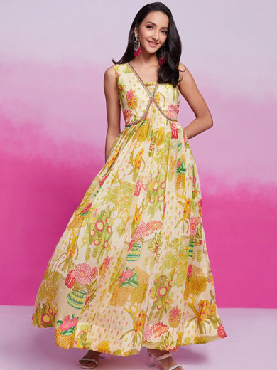 Stunning Cream Digital Printed Organza Festival Wear Dress
