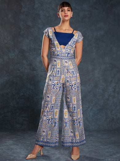 Gorgeous Navy Blue Digital Printed Linen Party Wear Jumpsuit