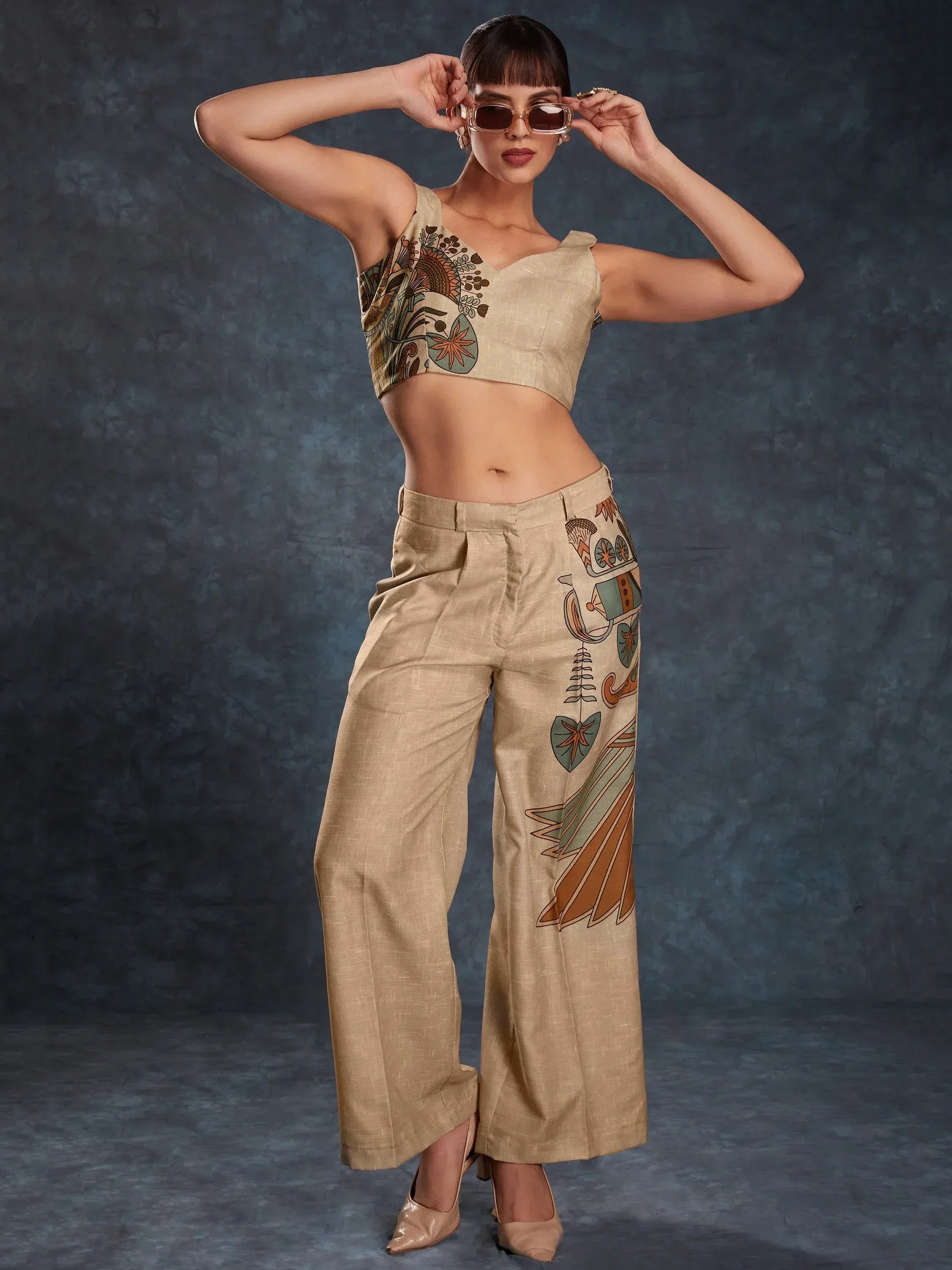 Stylish printed crop top and palazzo pants set, ethnic wear for women, trendy Indian fashion