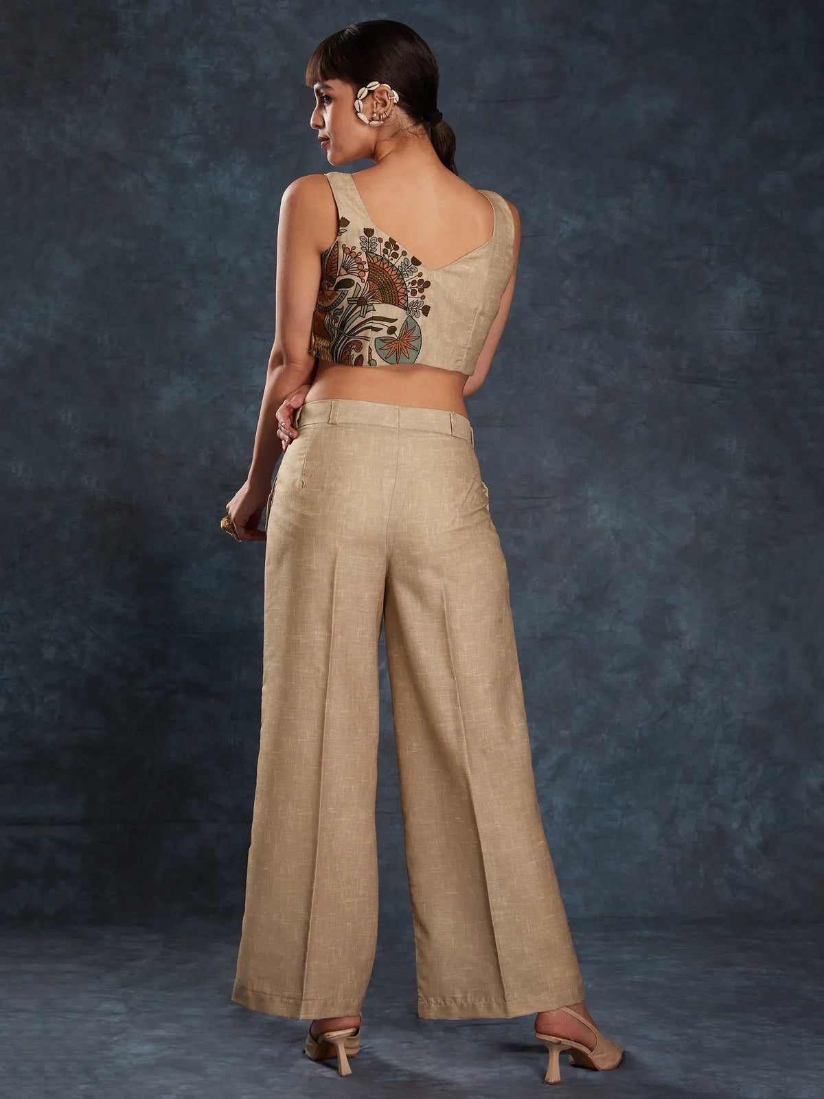 Beige printed crop top with wide-leg pants, Indian ethnic wear for women