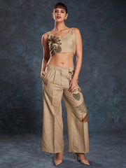 Woman in beige ethnic crop top and wide leg pants with artistic motifs, Ethnic Plus fashion