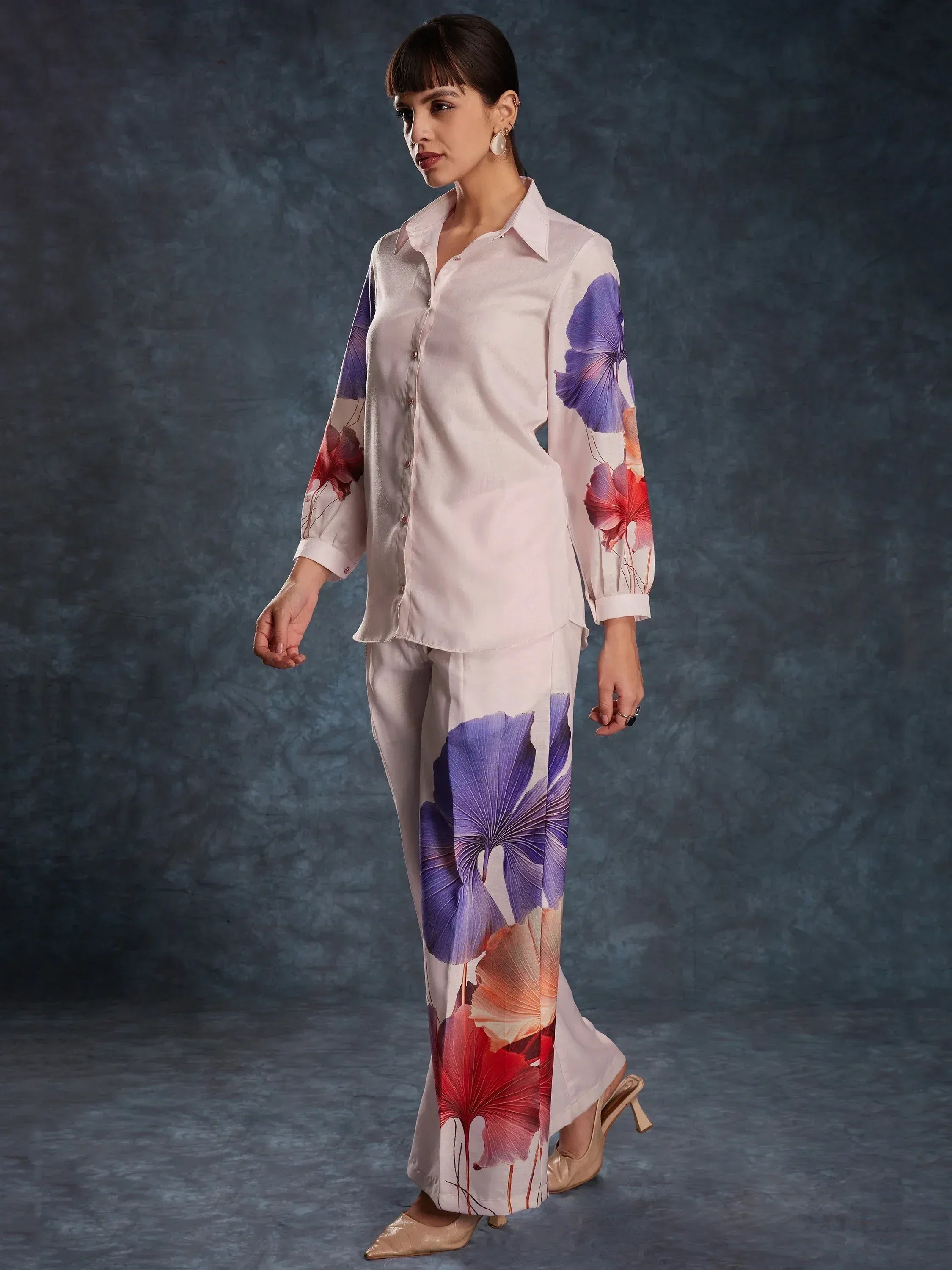 Floral print salwar kameez with purple and red blooms, stylish ethnic wear for women