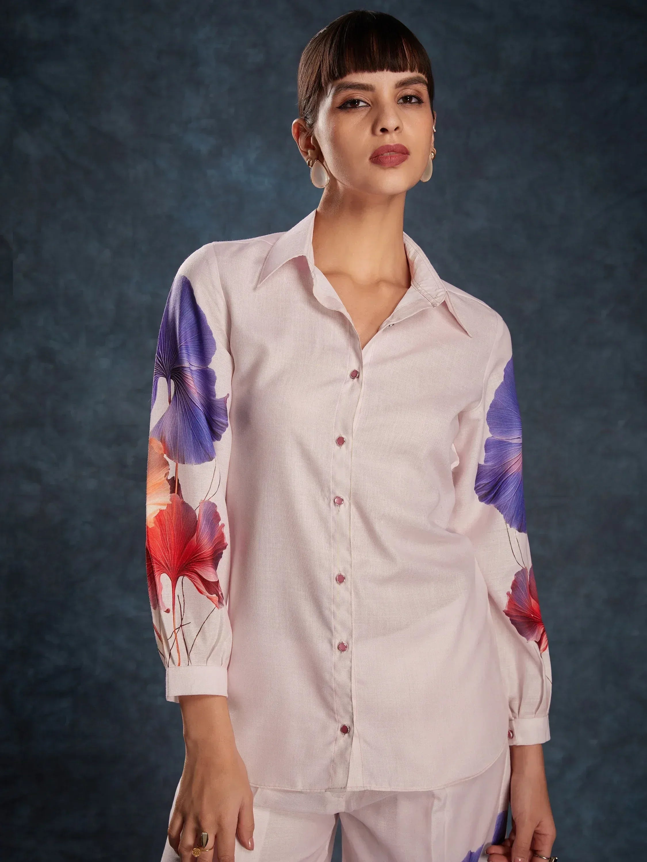 Pink floral print ethnic shirt with purple and red blooms, button front, long sleeves