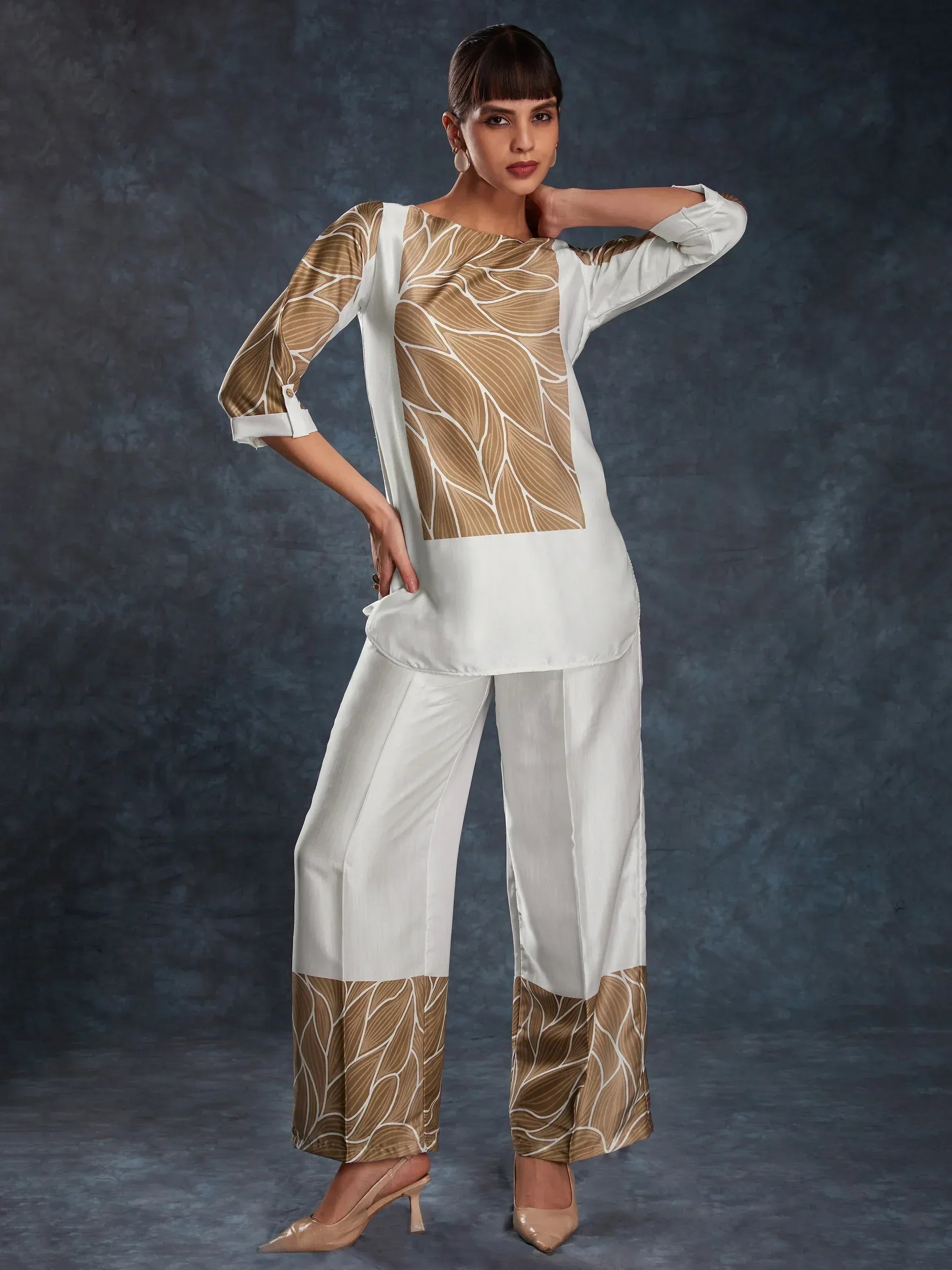 White and gold printed ethnic salwar kameez with wide pants, stylish Indian wear for women