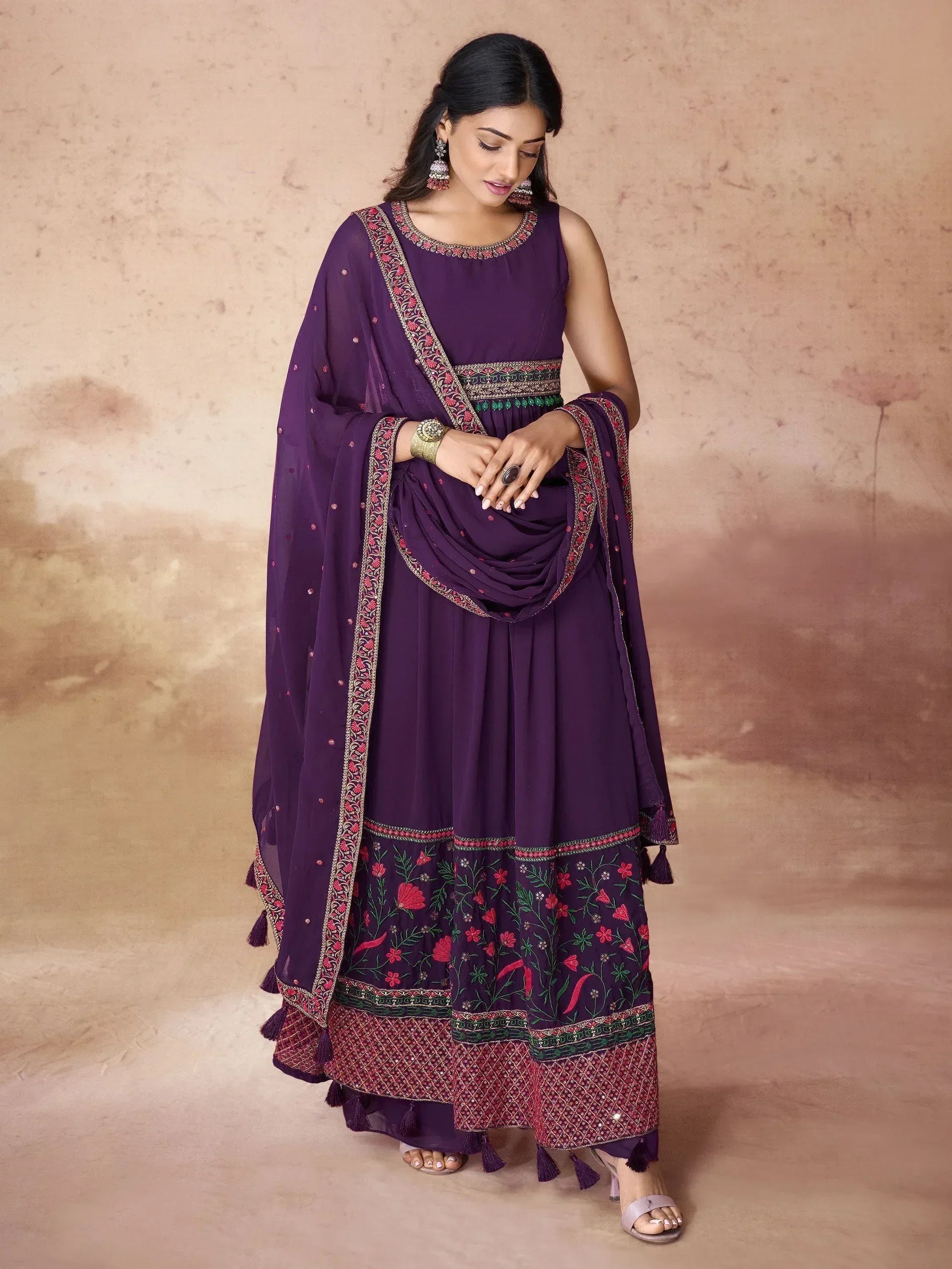 Purple embroidered anarkali suit with floral dupatta, perfect for Indian ethnic occasions