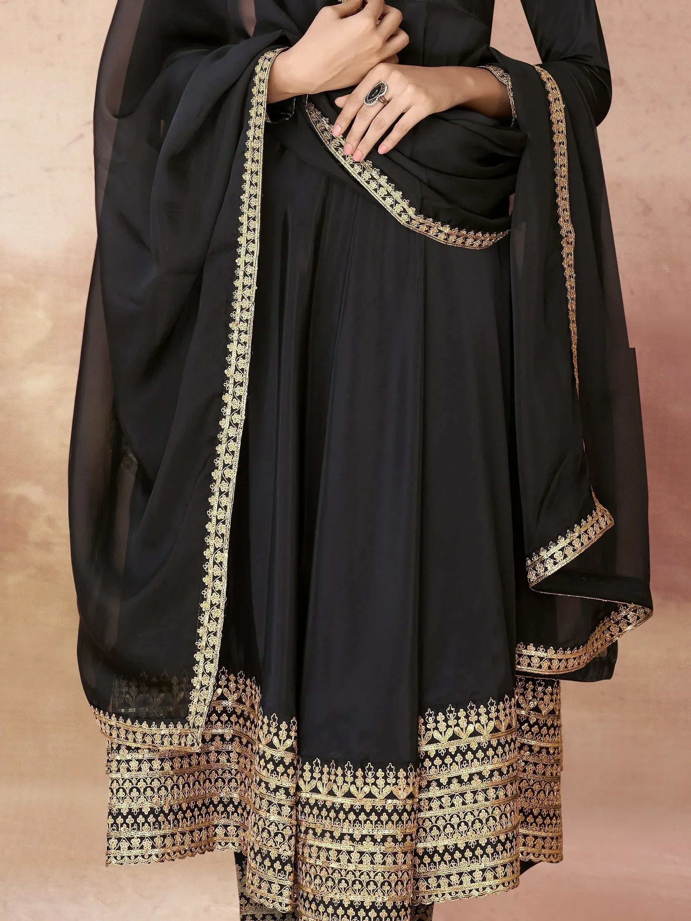 Black anarkali with gold embroidery, ethnic wear for women, designer Indian outfit
