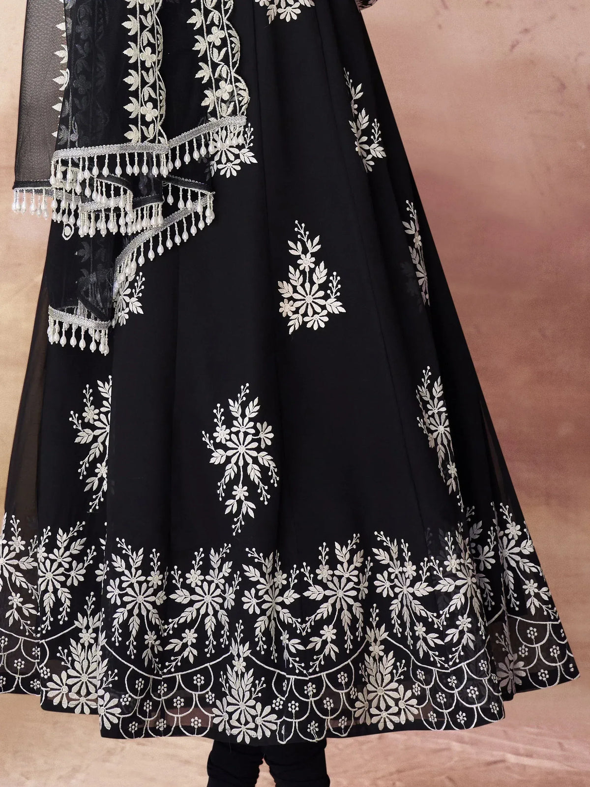 Black lehenga with silver floral embroidery and pearl tassels, Indian ethnic wear