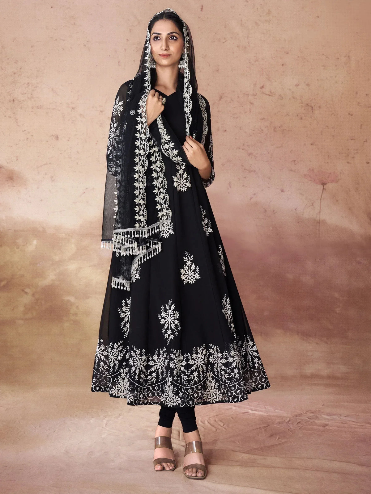 Black embroidered anarkali suit with white floral motifs and matching dupatta, Indian ethnic wear