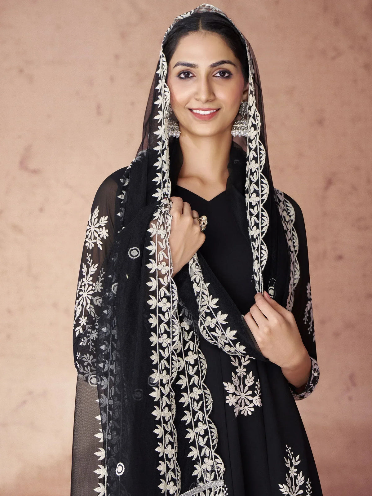 Black embroidered salwar kameez with floral dupatta, Indian ethnic wear for women