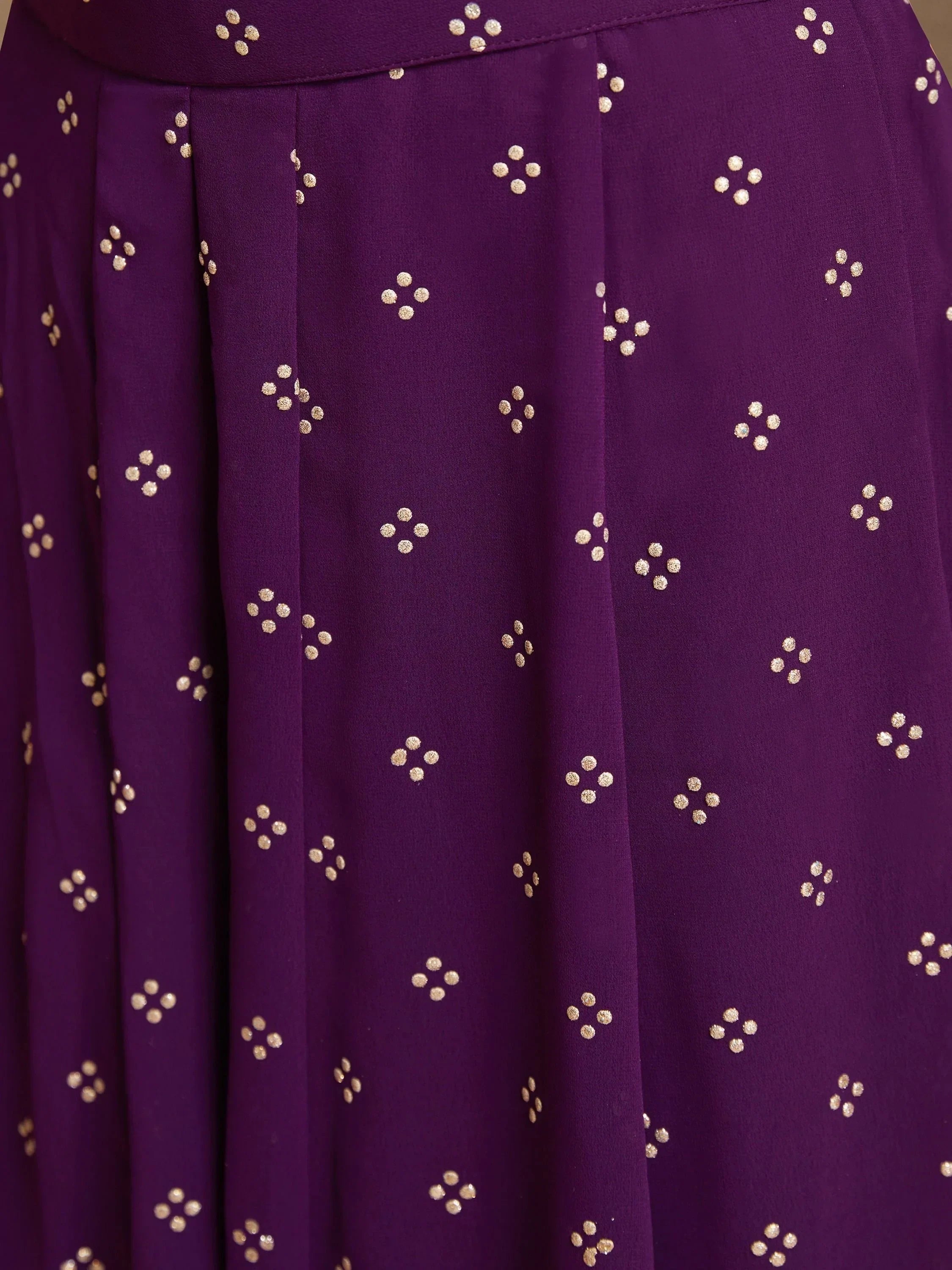 Purple ethnic skirt with gold sequin floral dot pattern, pleated fabric, Indian wear