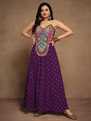 Woman in purple ethnic gown with colorful embroidered bodice, Indian designer wear from Ethnic Plus