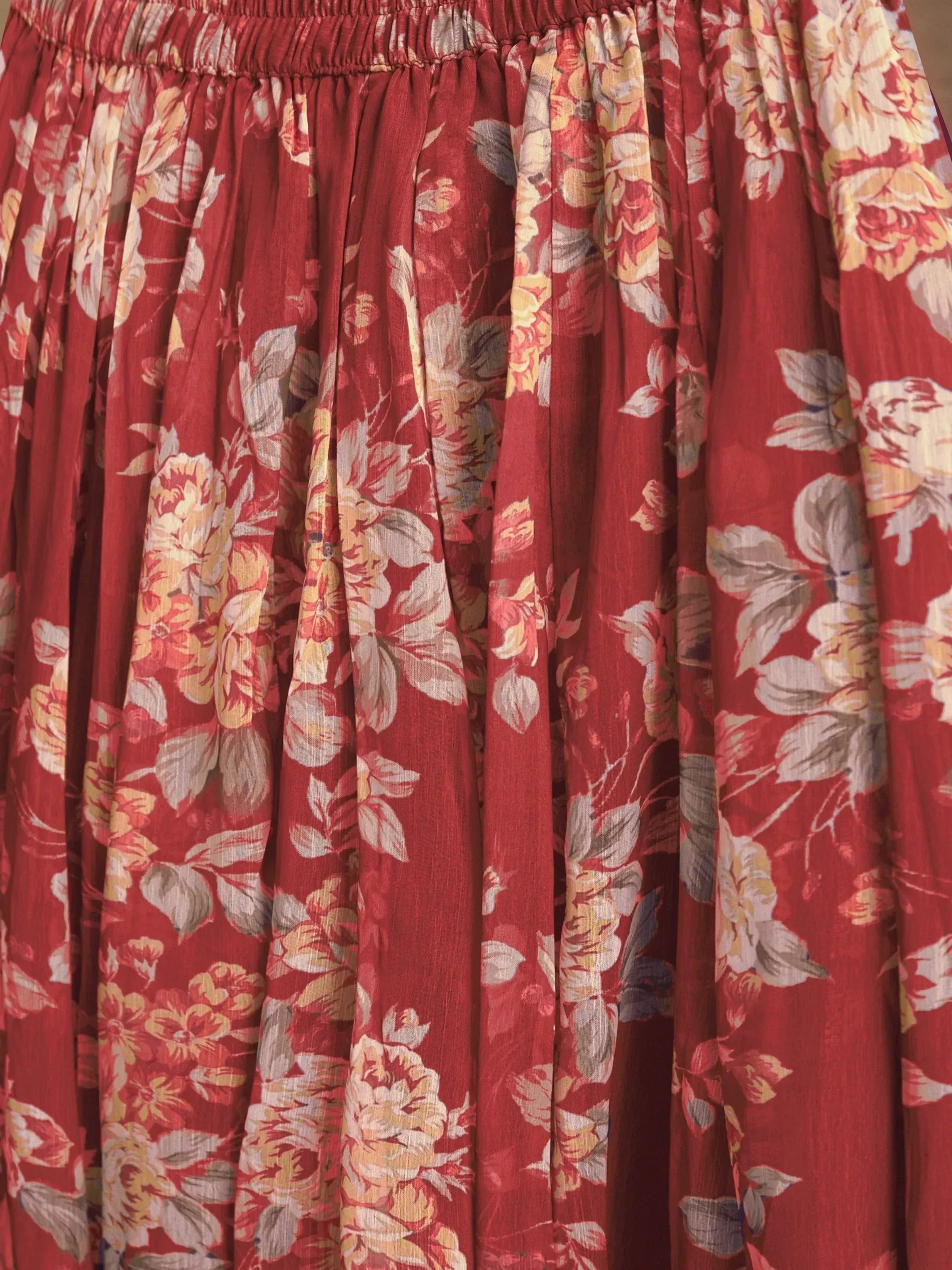 Red floral print ethnic skirt with elastic waist, perfect for Indian wear