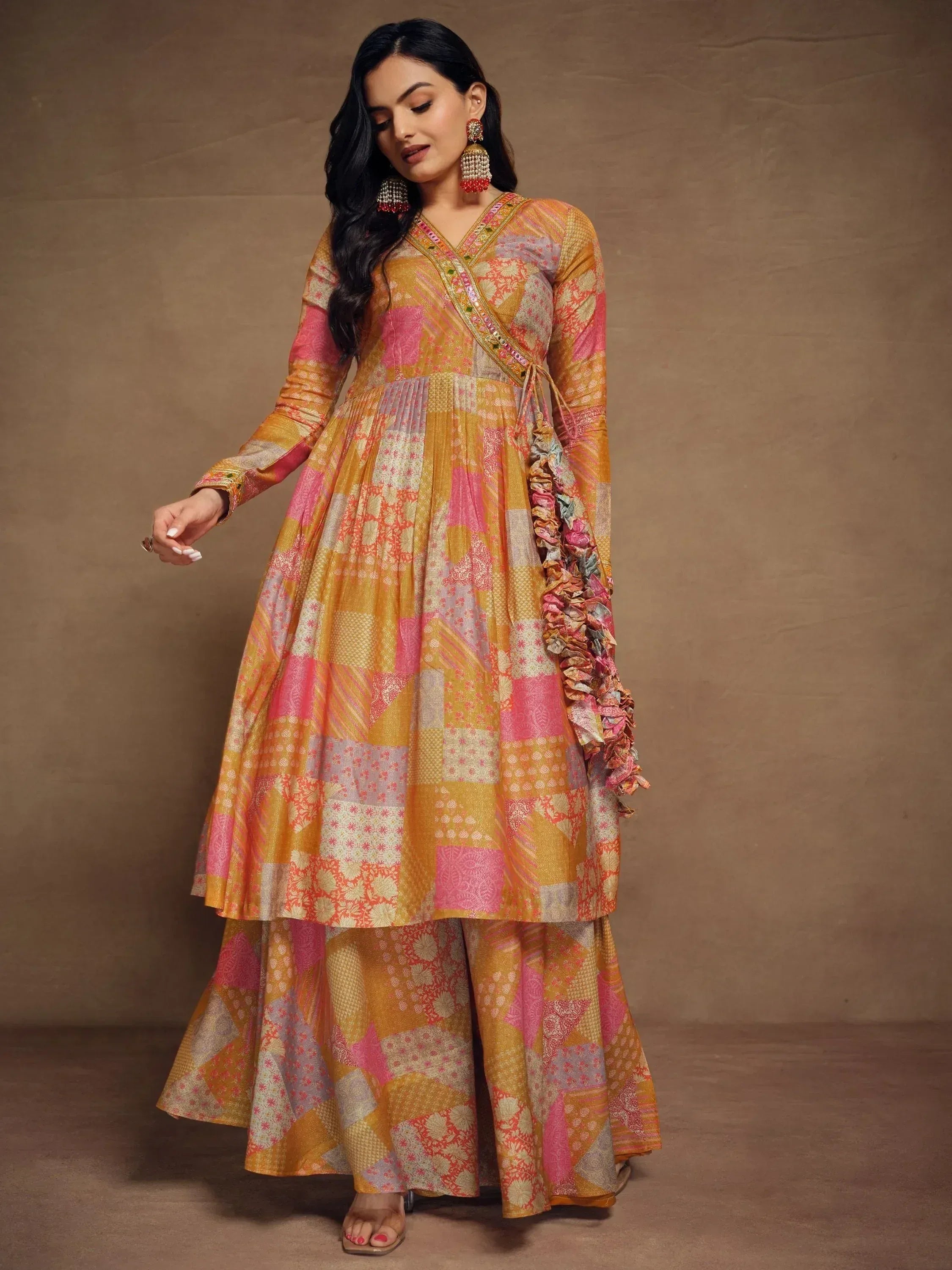 Women's colorful patchwork anarkali suit with ruffled dupatta, ethnic Indian wear for festive occasions