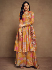 Glamorous Mustard Yellow Digital Printed Muslin Silk Palazzo Suit