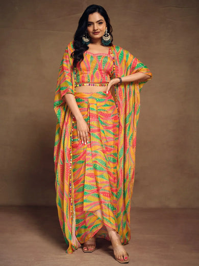 Magnetic Multi-Color Printed Chinon Designer Pleated Skirt Co-Ords