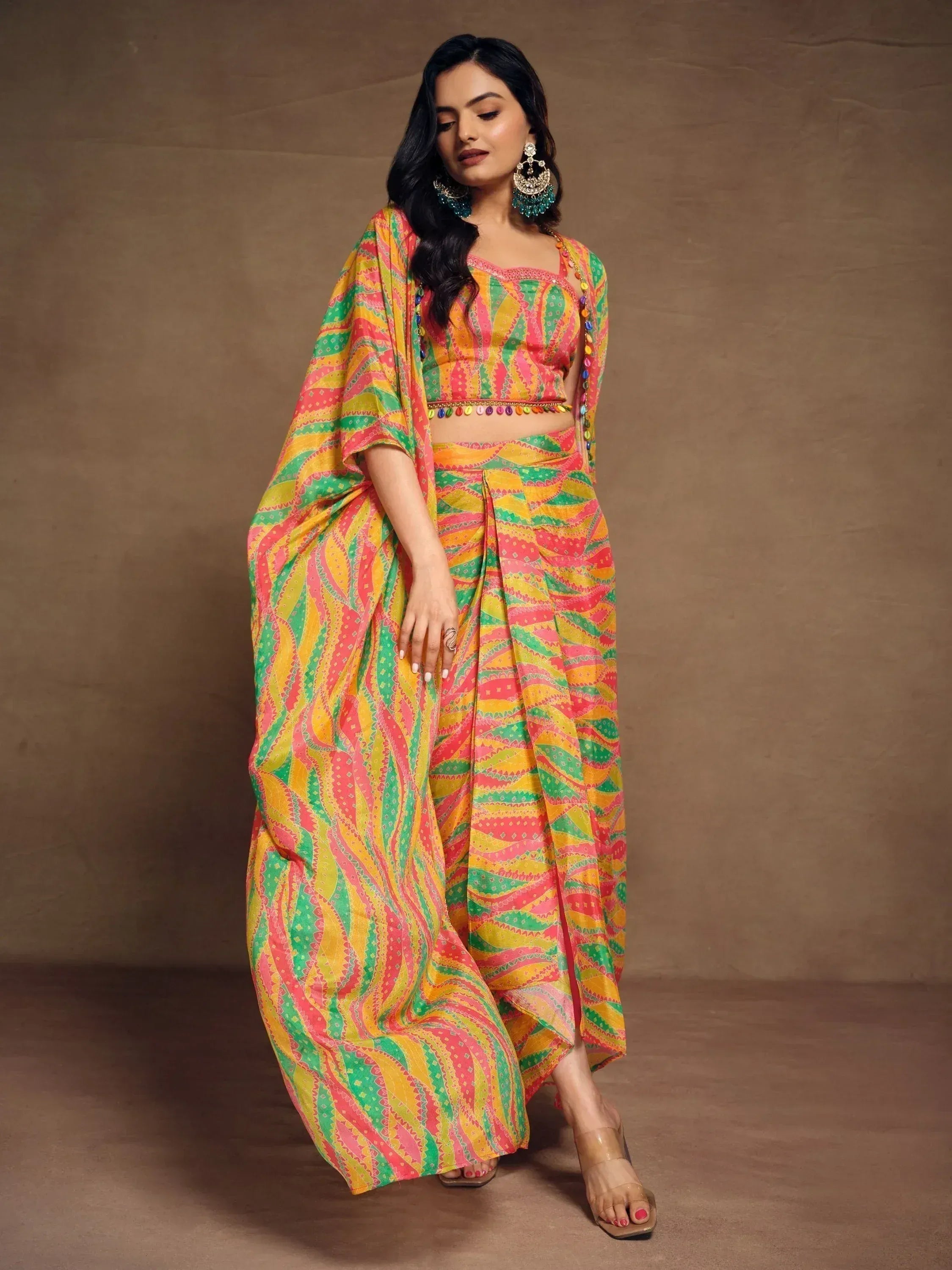 Vibrant multicolor ethnic sharara set with printed crop top and dupatta, perfect for festive occasions