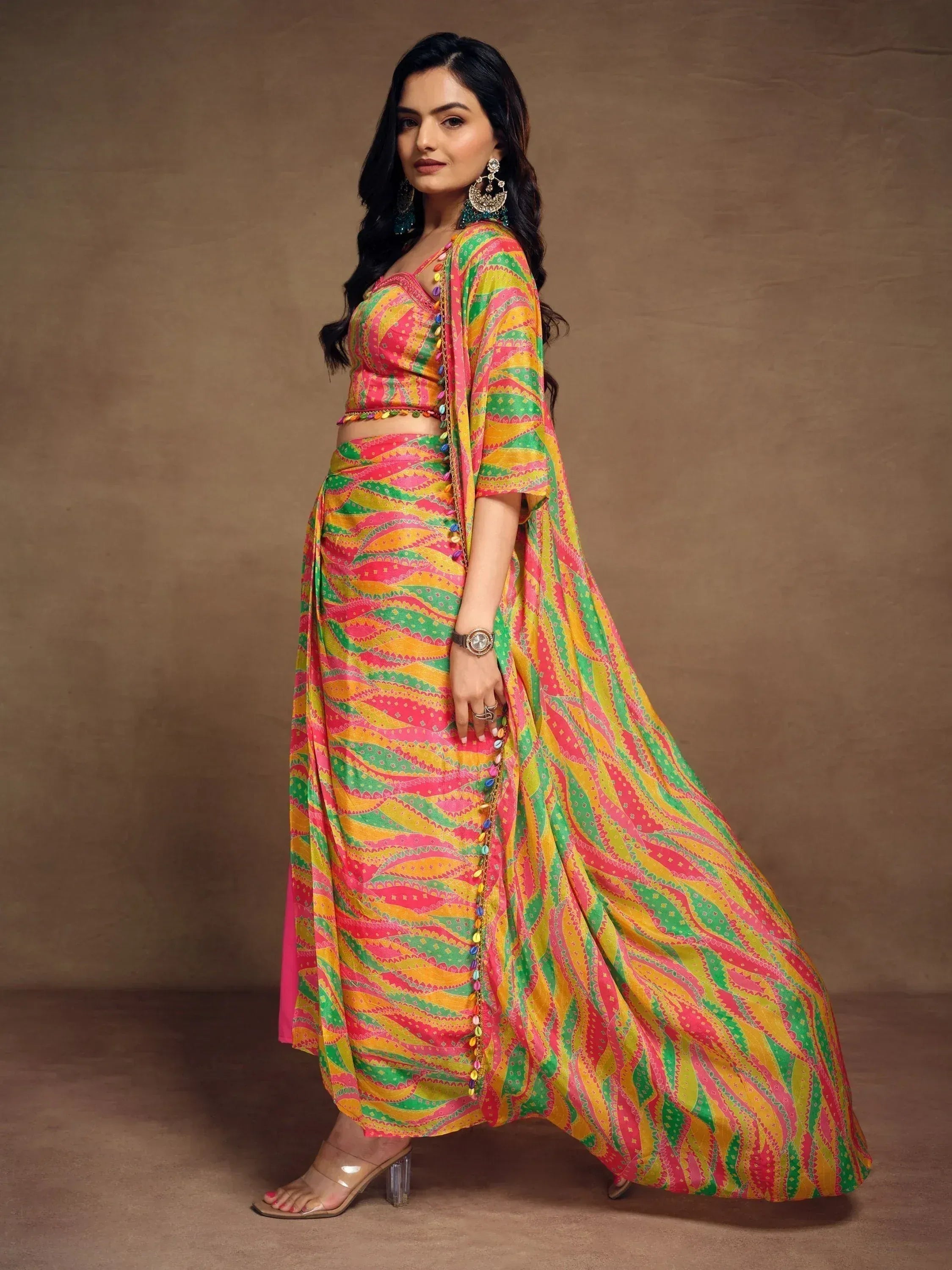 Vibrant multicolor printed lehenga choli with pom-pom detailing, perfect for festive Indian occasions