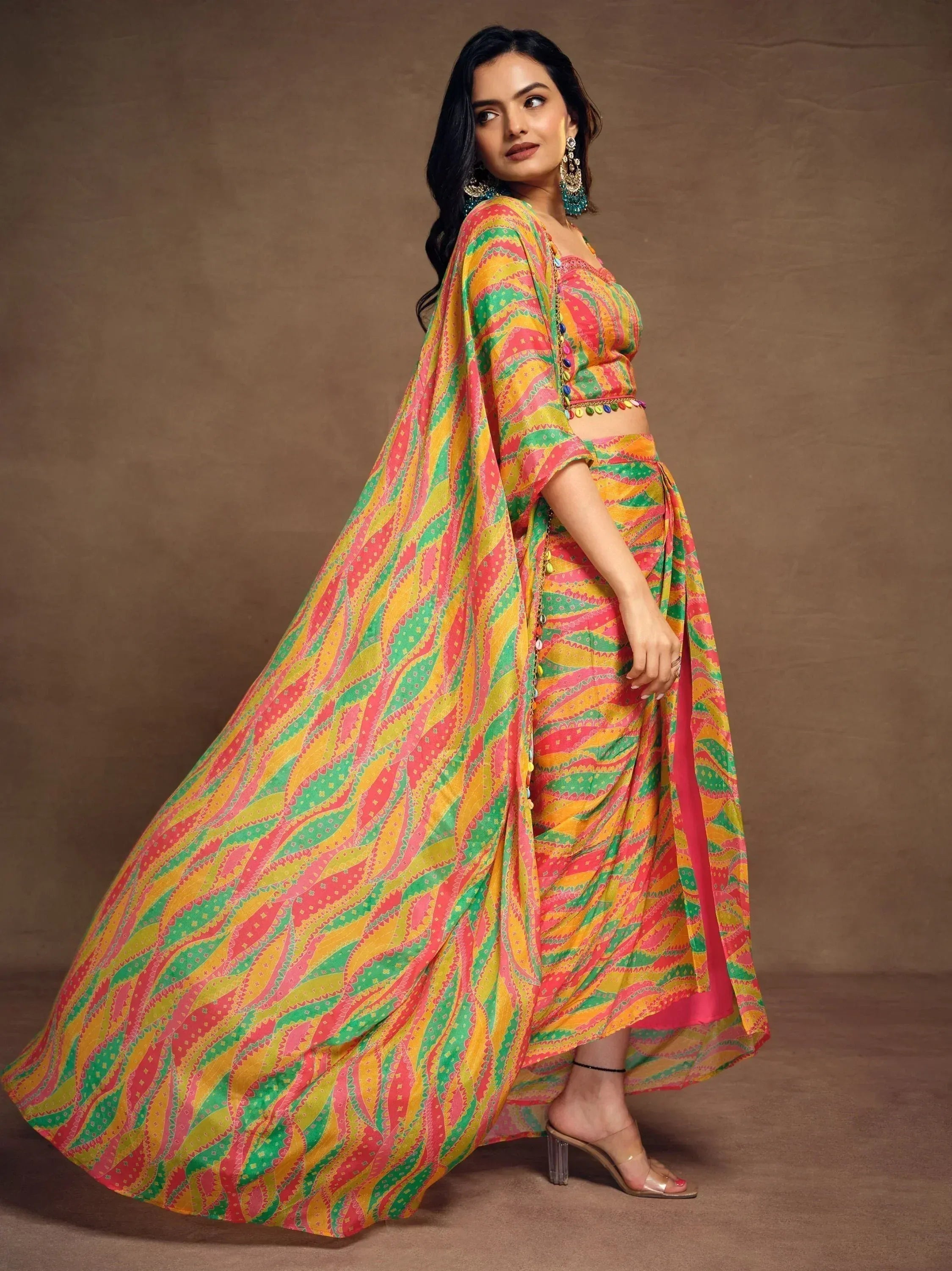 Vibrant multicolor printed lehenga choli with flowing dupatta, perfect for Indian ethnic occasions