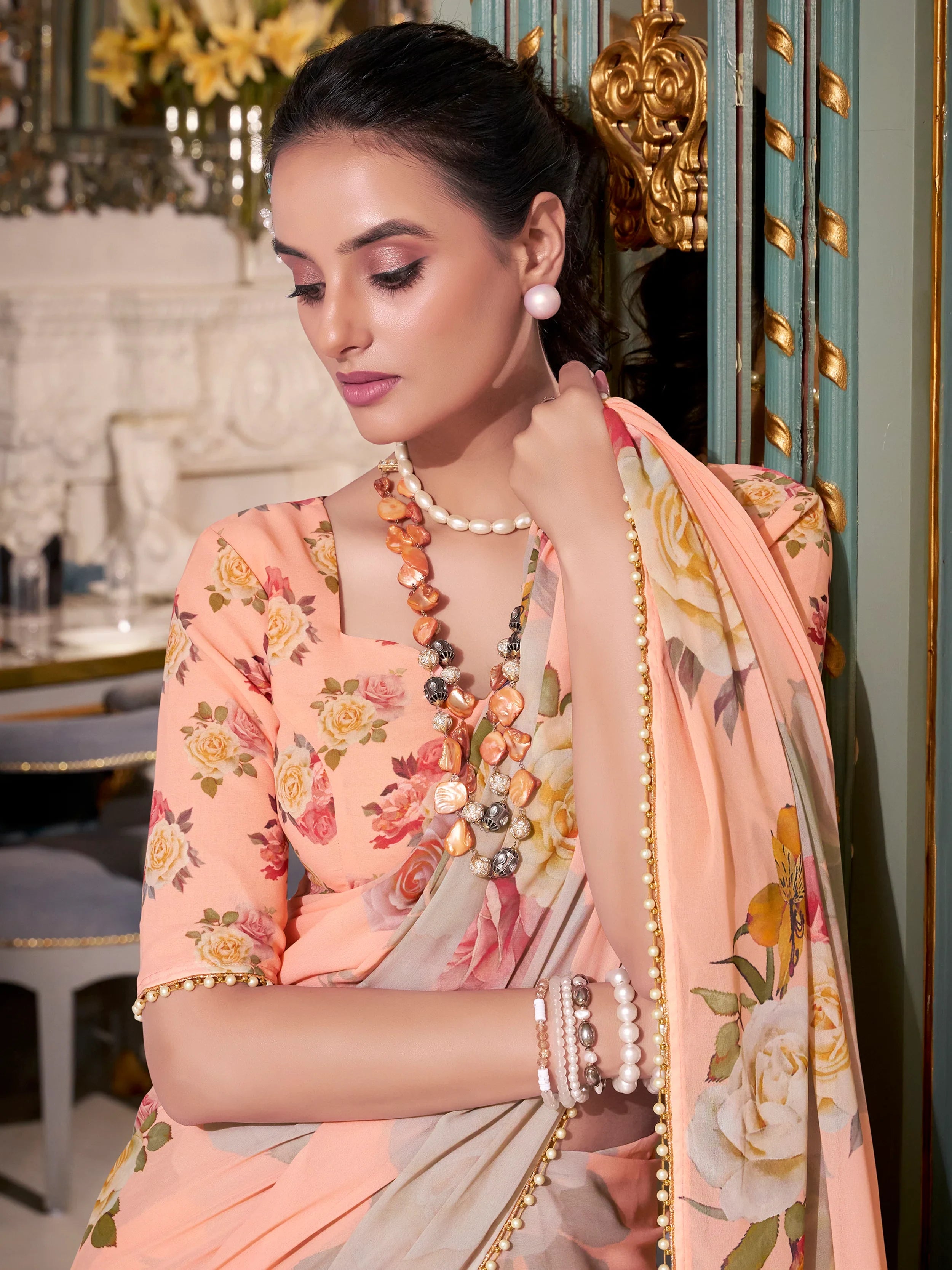 Artistic Peach Georgette Floral Printed Saree With Blouse - Ethnic Plus In