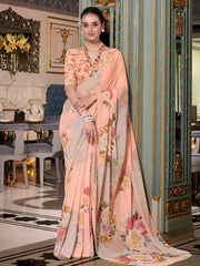 Artistic Peach Georgette Floral Printed Saree With Blouse - Ethnic Plus In