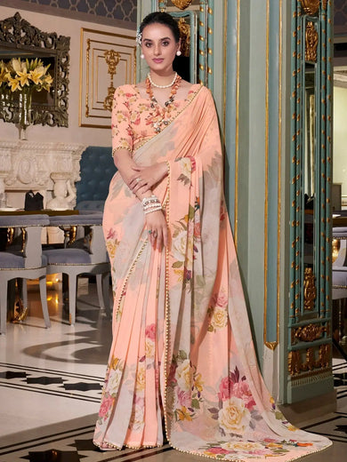 Artistic Peach Georgette Floral Printed Saree With Blouse - Ethnic Plus In