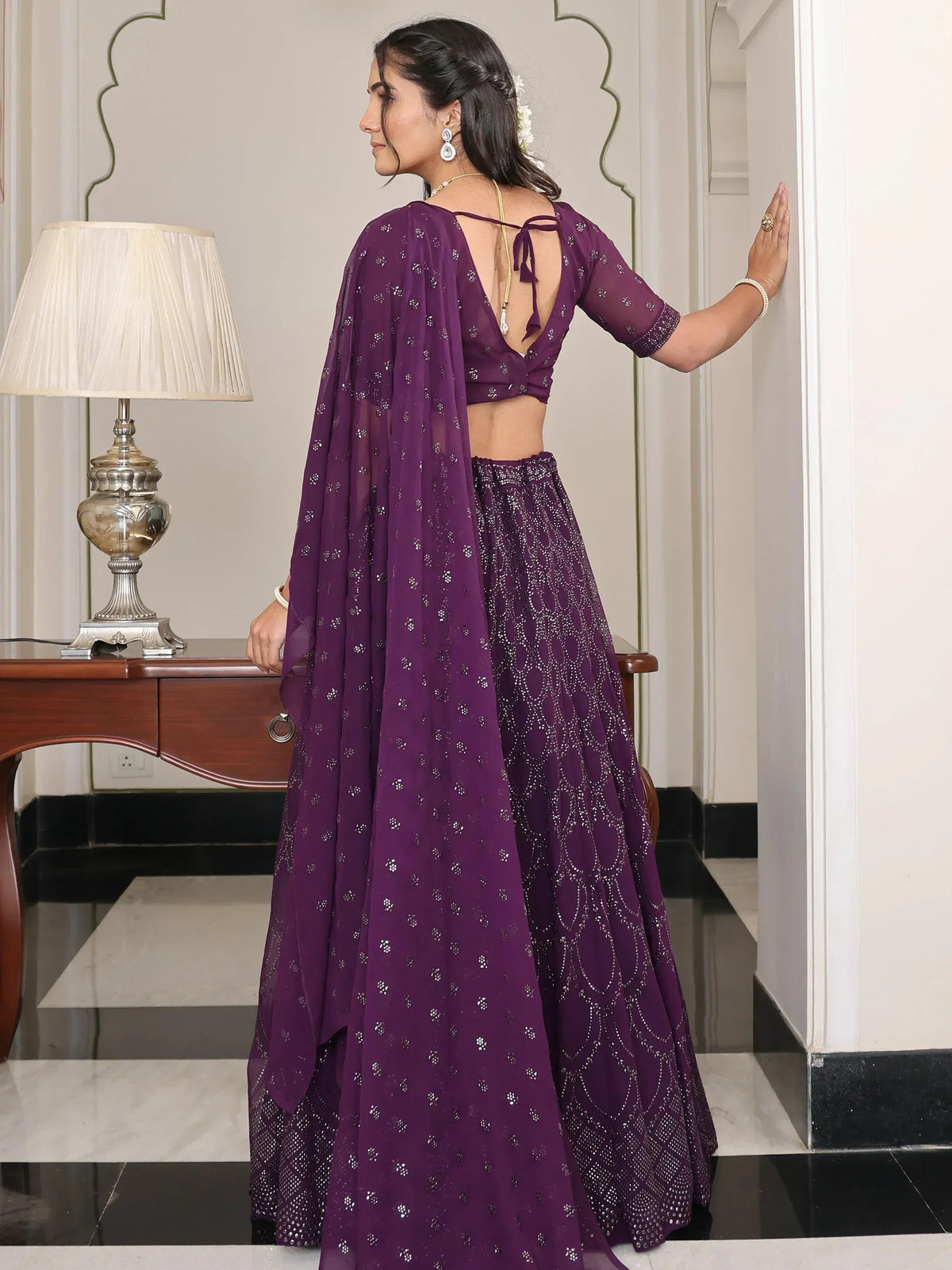 Purple embroidered lehenga choli with back tie blouse and sheer dupatta, Indian ethnic wear