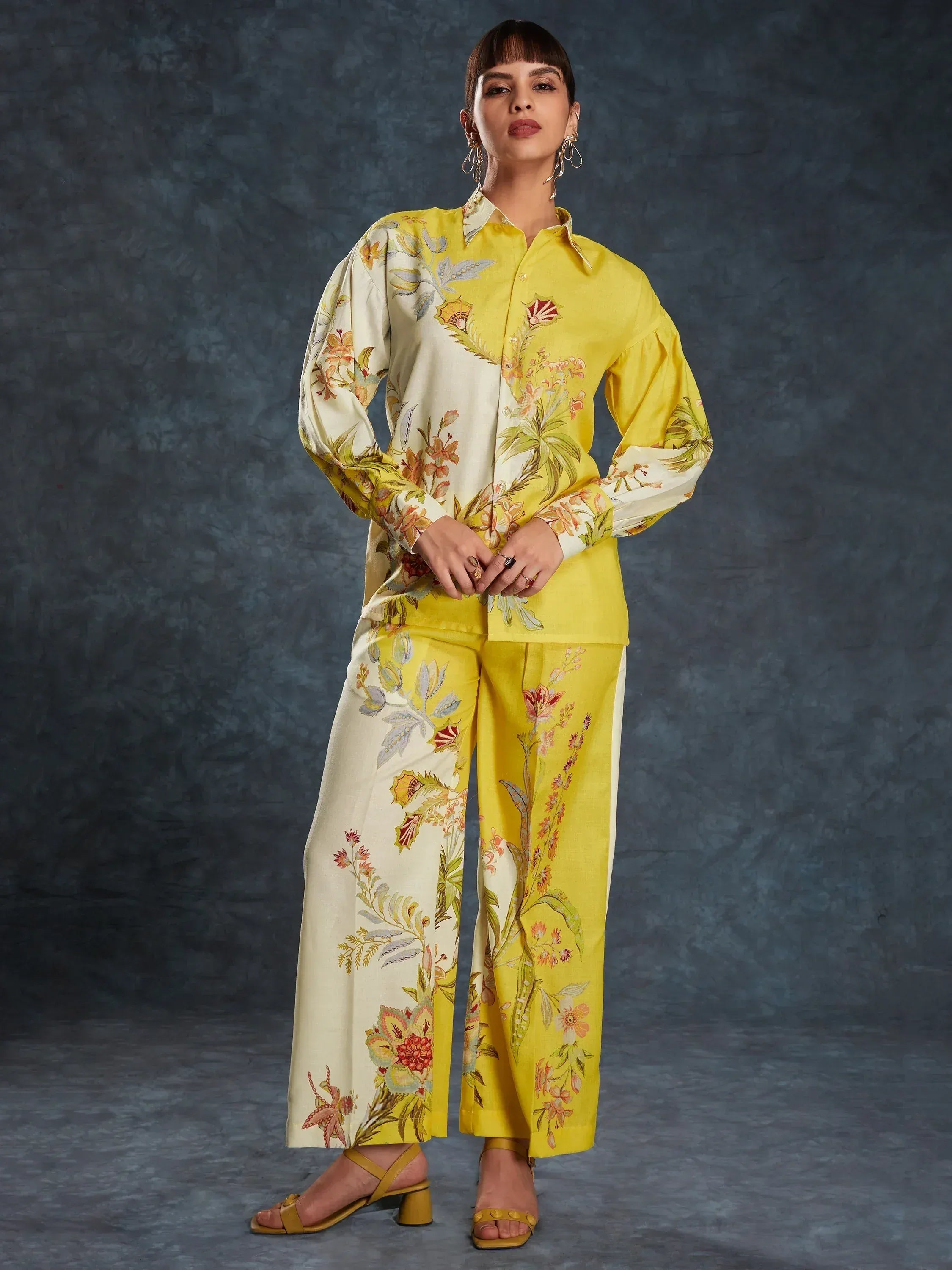 Yellow and cream floral print ethnic kurta set with wide pants, perfect for Indian festive wear