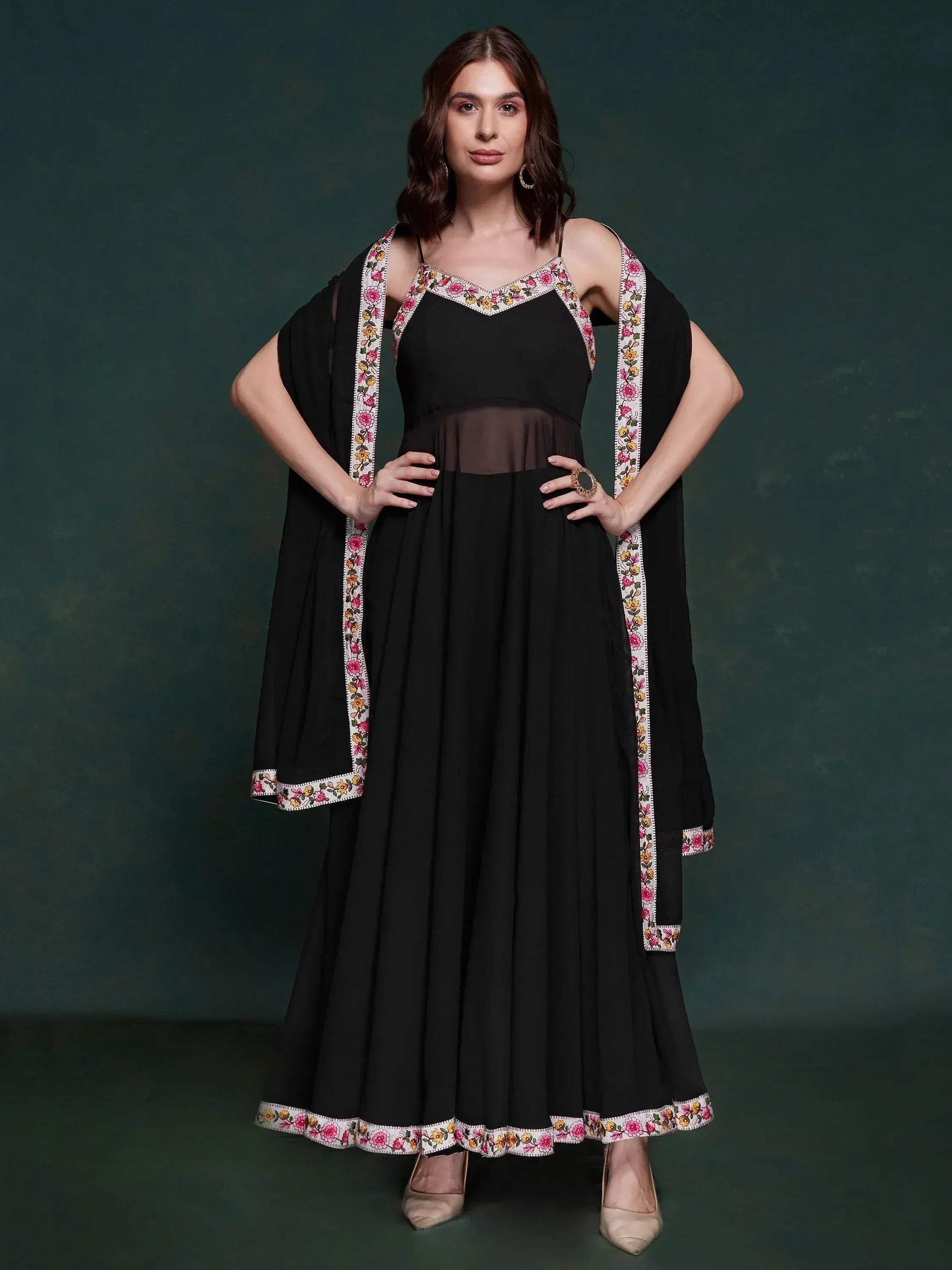 Black floral embroidered anarkali gown with matching dupatta, Indian ethnic wear for women