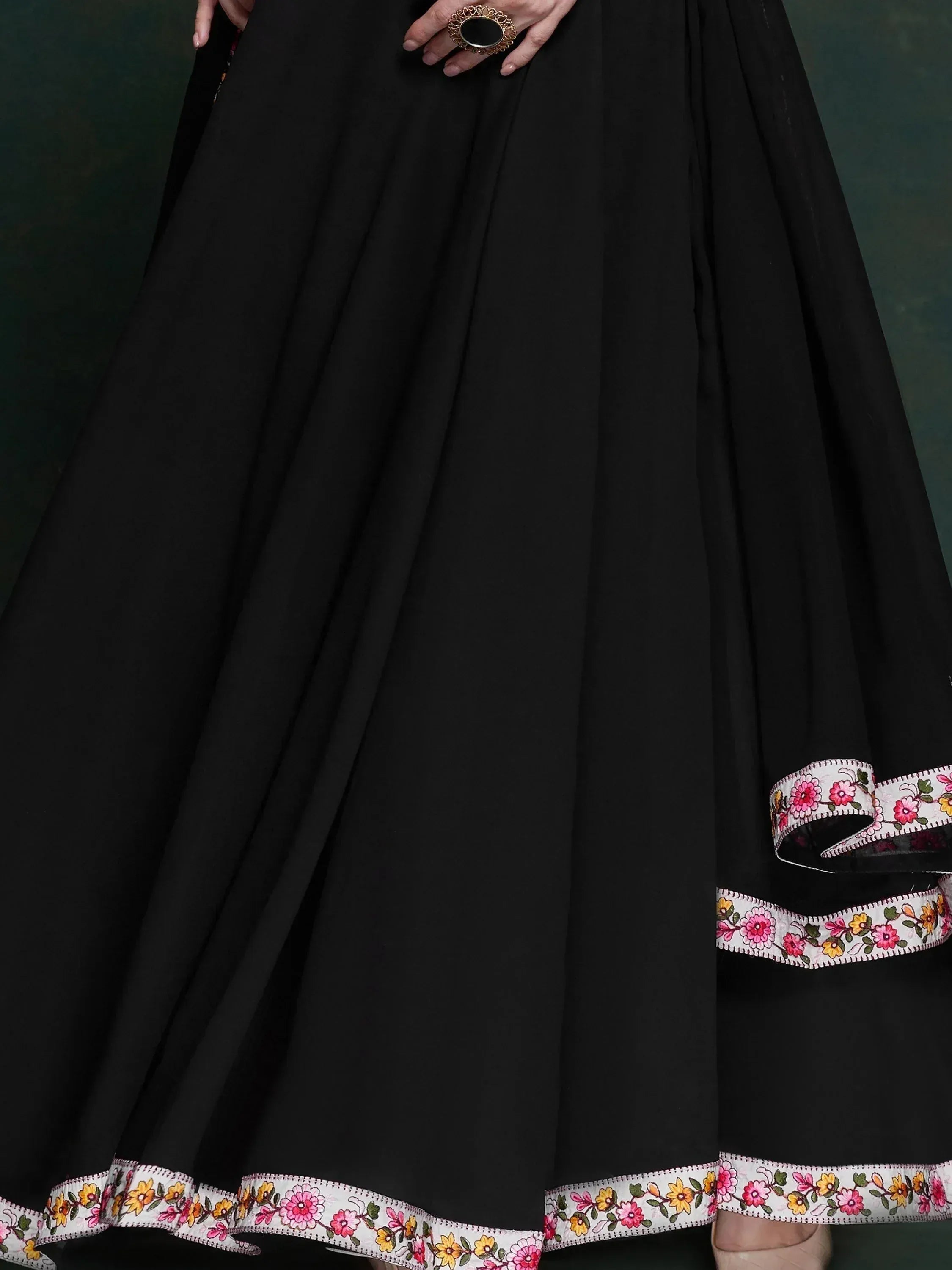Black ethnic gown with floral border, Indian designer wear for women