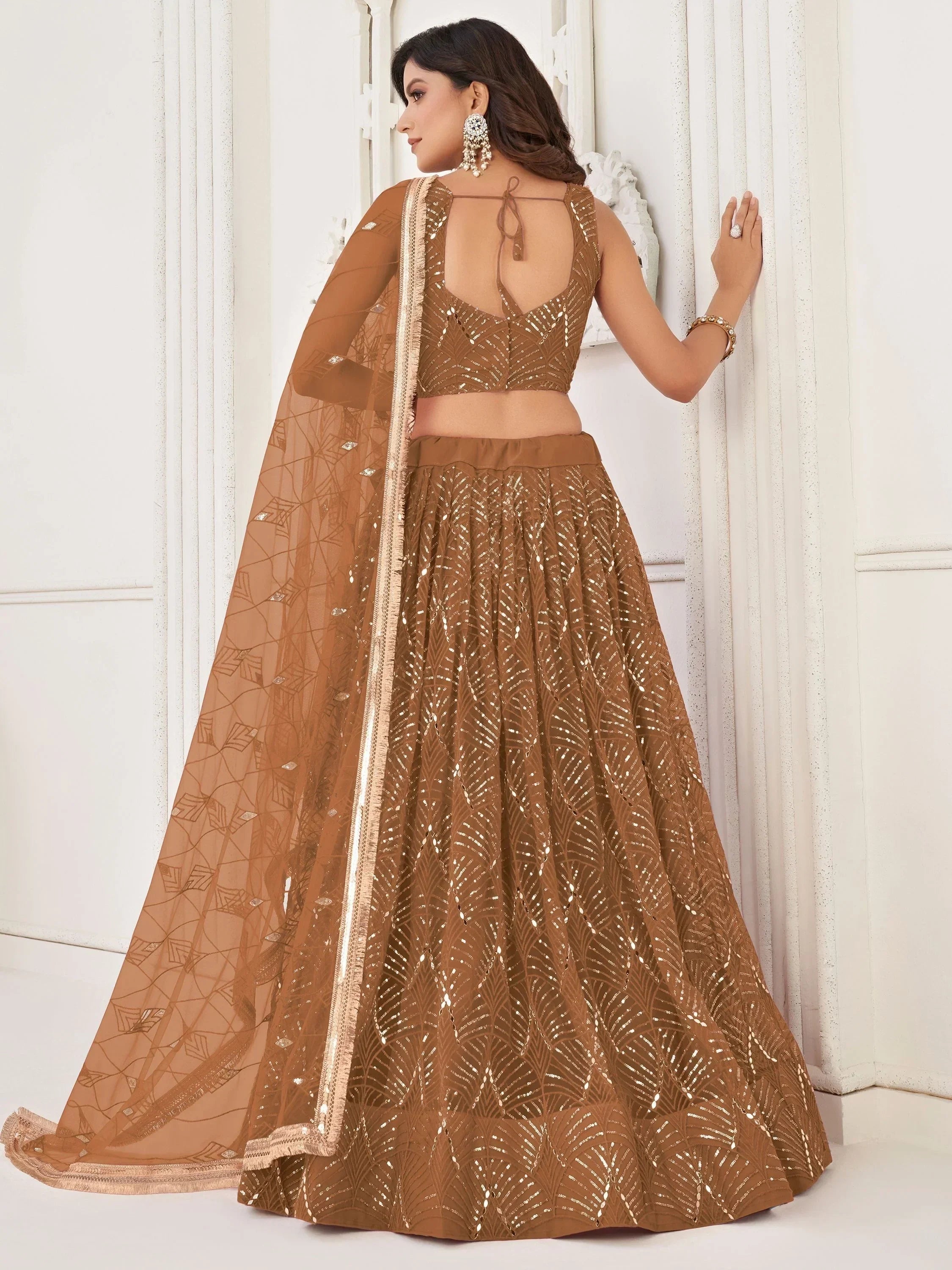 Brown sequin lehenga choli with sheer dupatta, Indian ethnic wear for weddings and parties