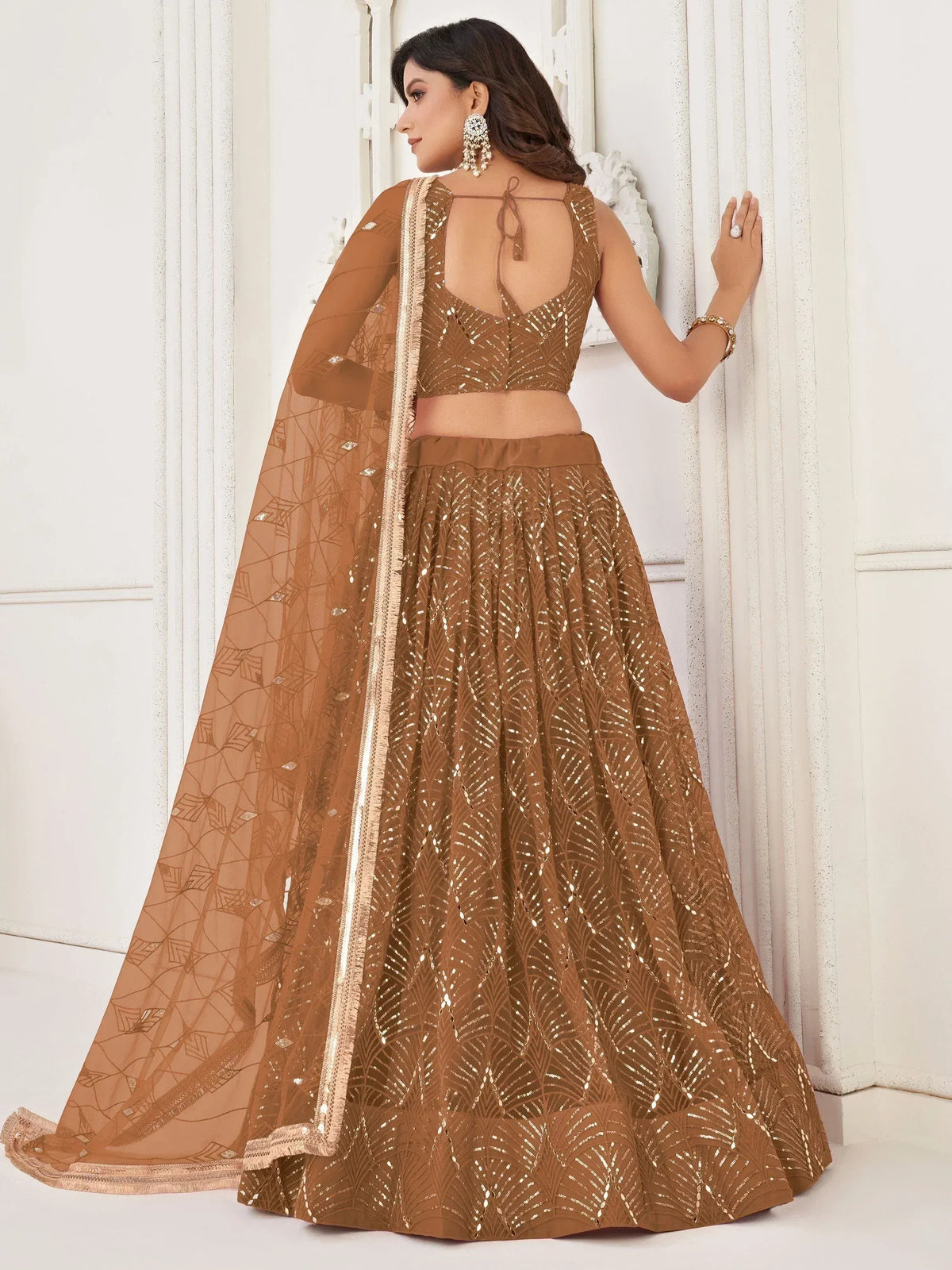 Brown sequin lehenga choli with sheer dupatta, Indian ethnic wear for weddings and parties