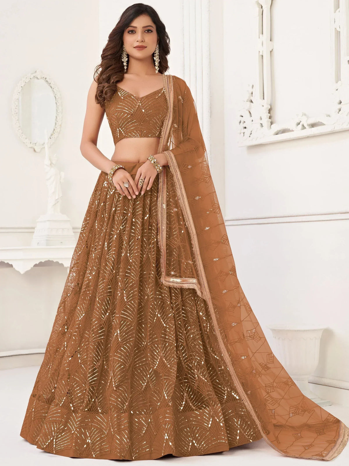 Elegant brown designer lehenga choli with sequin work and sheer dupatta for Indian ethnic wear
