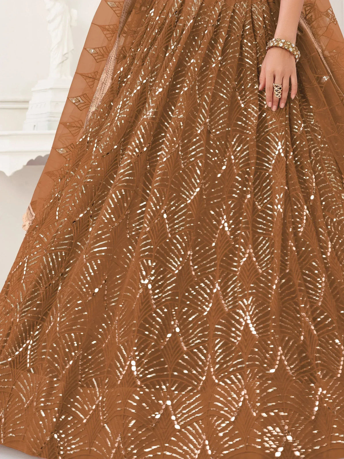Brown sequin lehenga with leaf pattern, ethnic Indian wear for weddings and parties