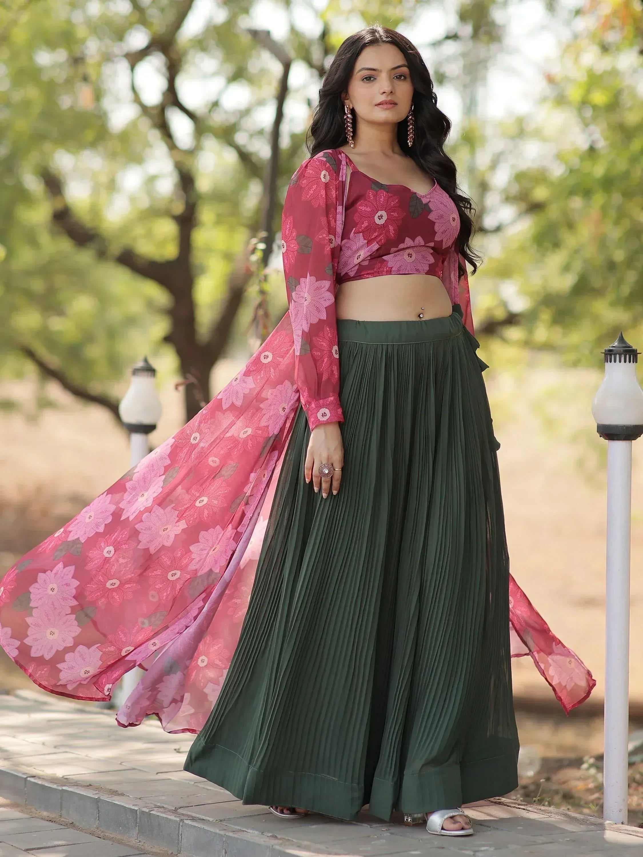 Floral pink crop top with green pleated skirt, Indian ethnic wear for women