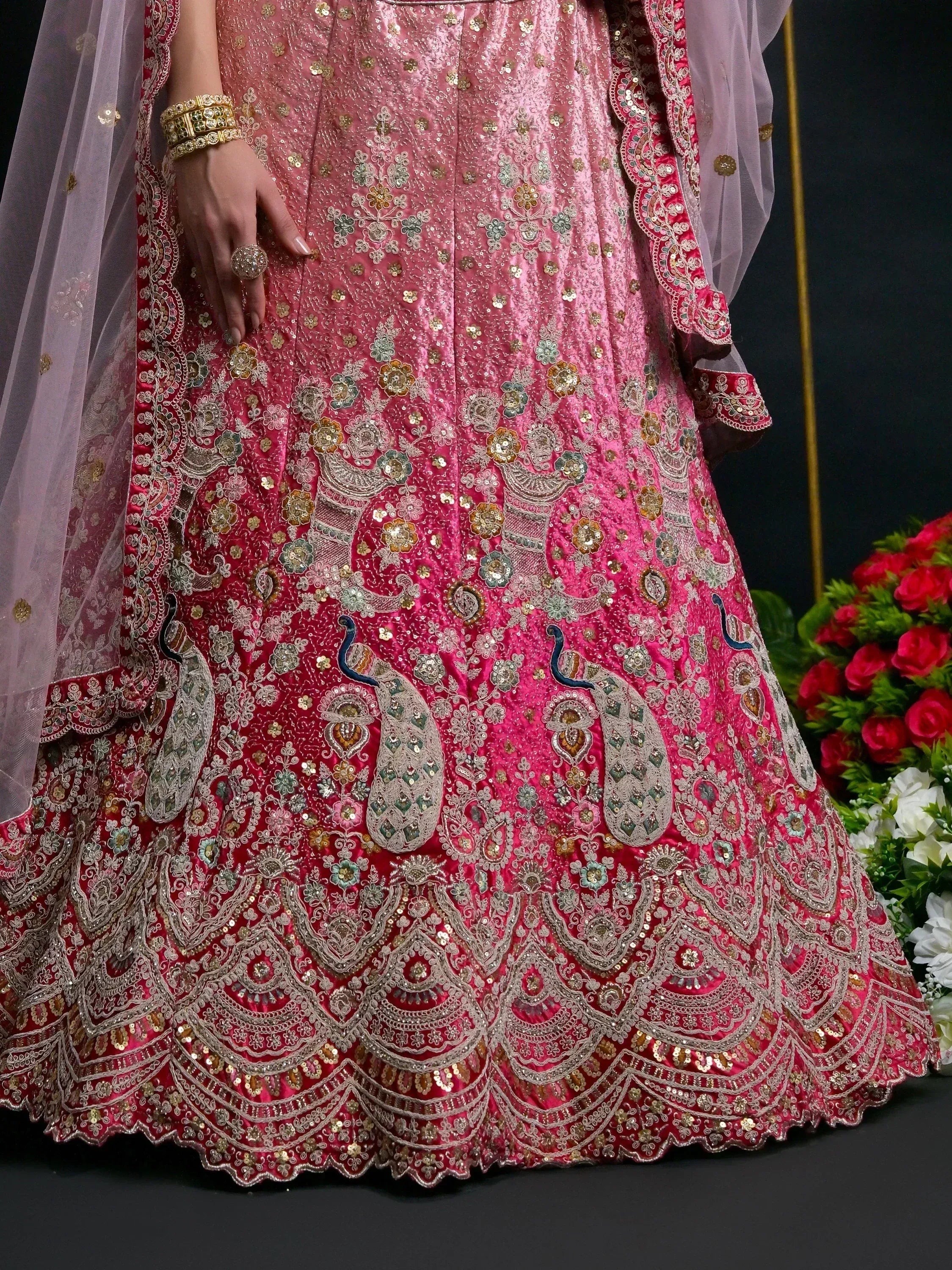 Pink designer lehenga with peacock embroidery and gold sequins, Indian ethnic wear