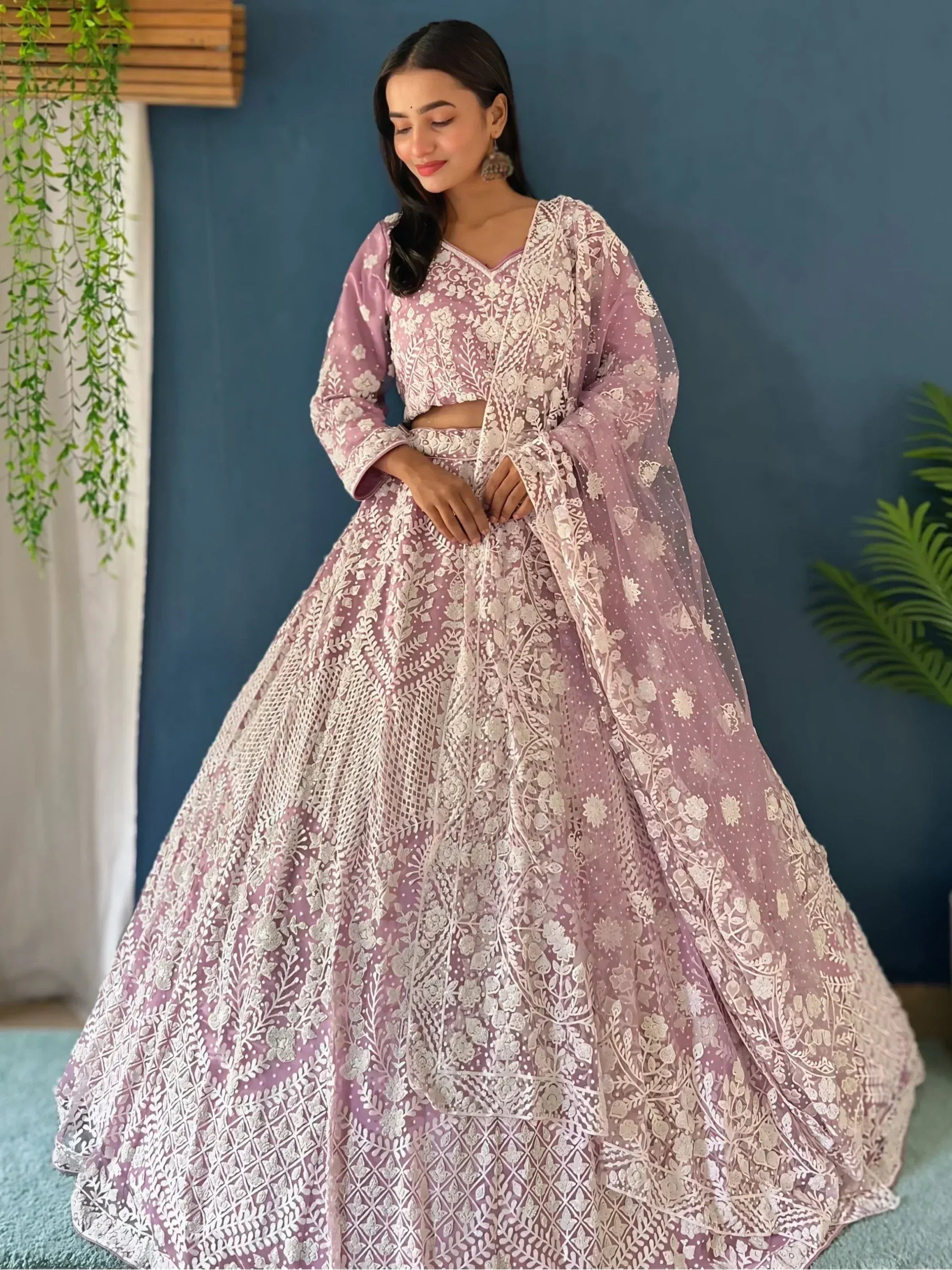 Pink floral embroidered lehenga choli with sheer dupatta, Indian ethnic wear for weddings and parties