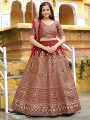 Astonishing Maroon Sequins Raw Silk Wedding Wear Lehenga Choli - Ethnic Plus In