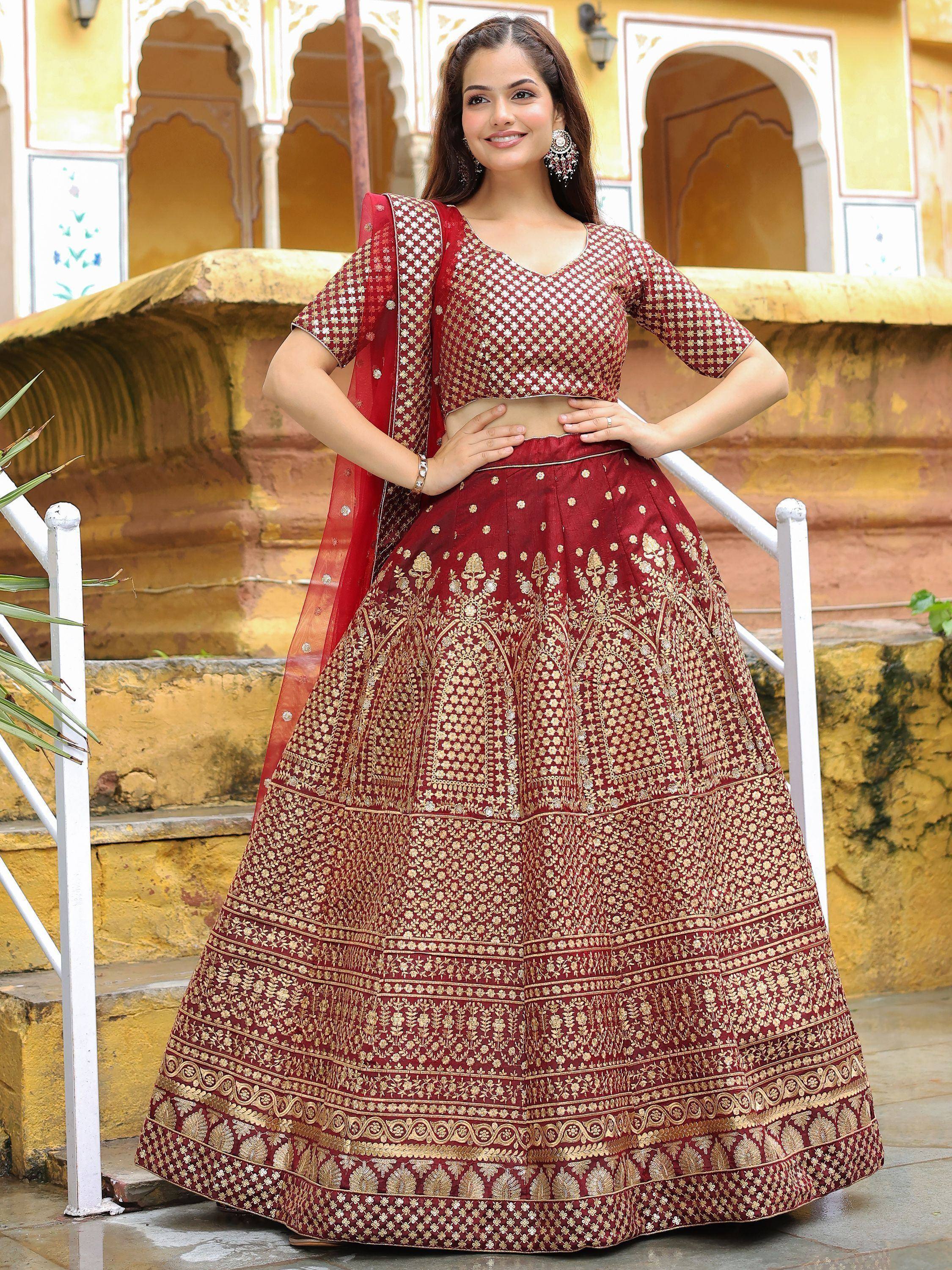 Maroon designer lehenga choli with gold embroidery, perfect for Indian ethnic wear occasions